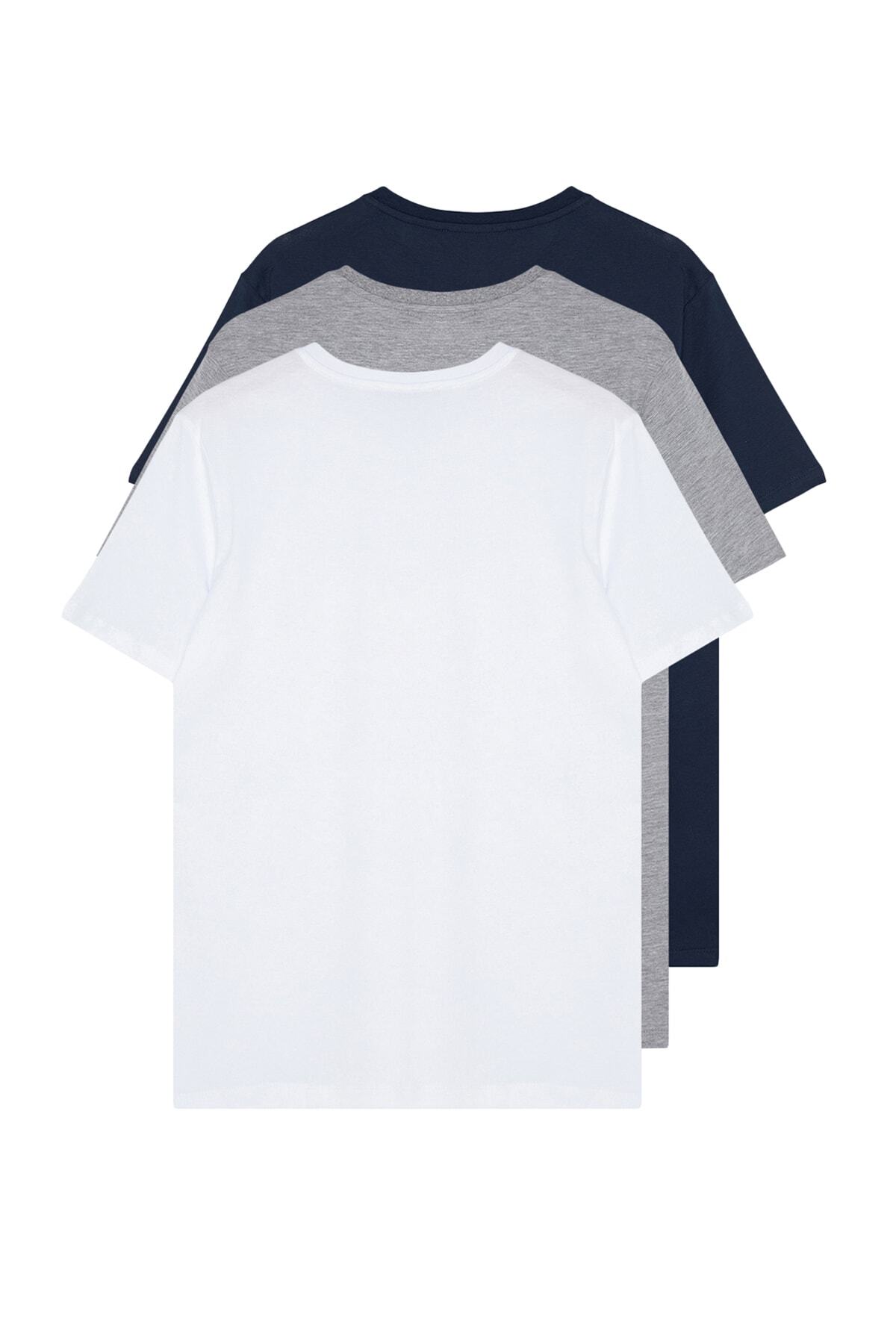Trendyol Collection-Μπλουζάκια 3 συσκευασιών Ναυτικό μπλε-γκρι-λευκό 100% βαμβακερό κοντό μανίκι - TMNSS19BO0008 3