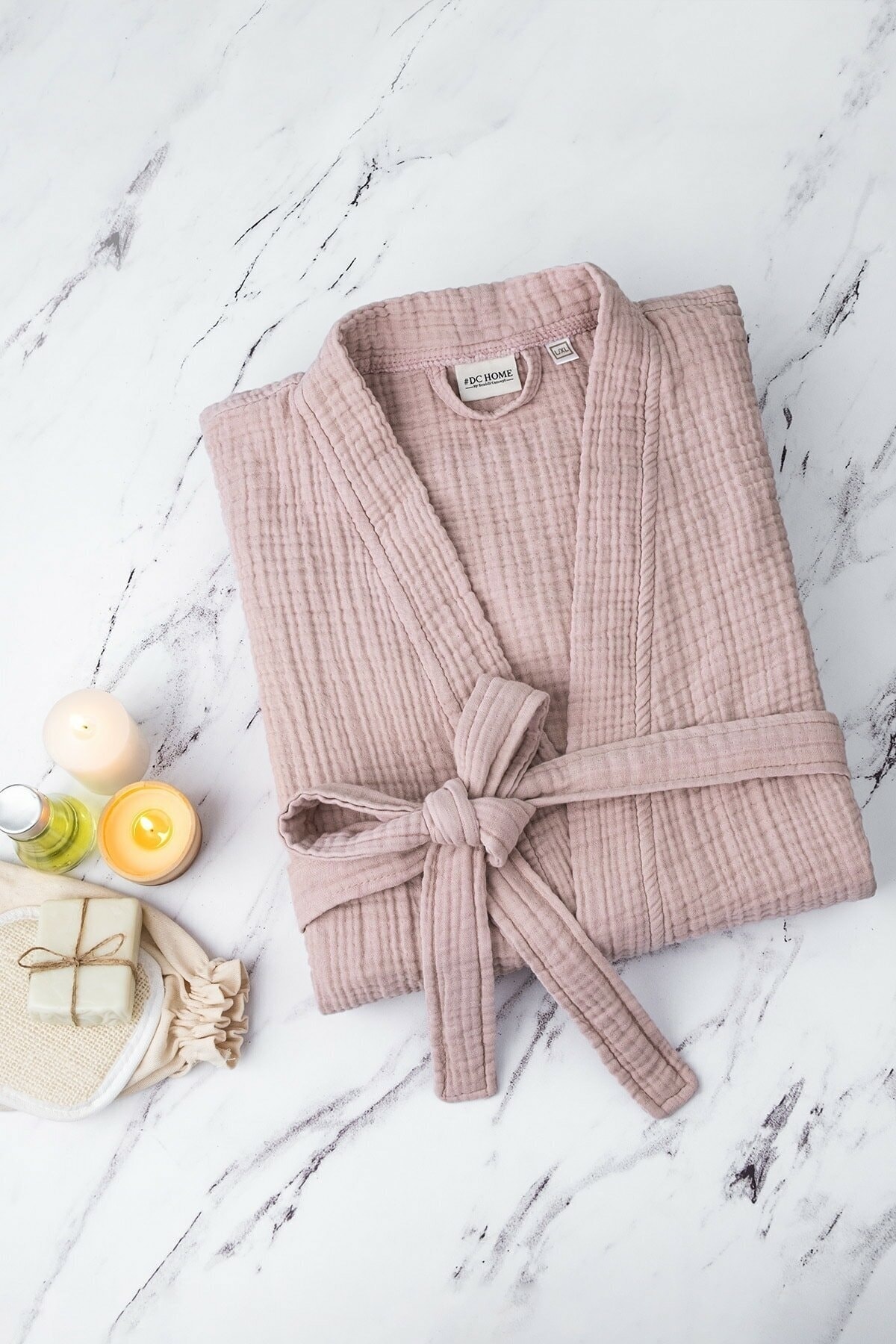 Unisex-Kimono, 4-lagiger Musselin-Bademantel, Puder - 