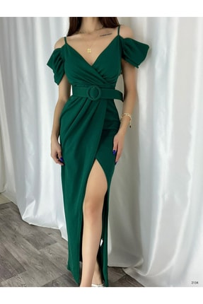 merlavin Kadın Yeşil , Omuz Detaylı Kemerli Önden Yırtmaç Detaylı Ithal Krep ...