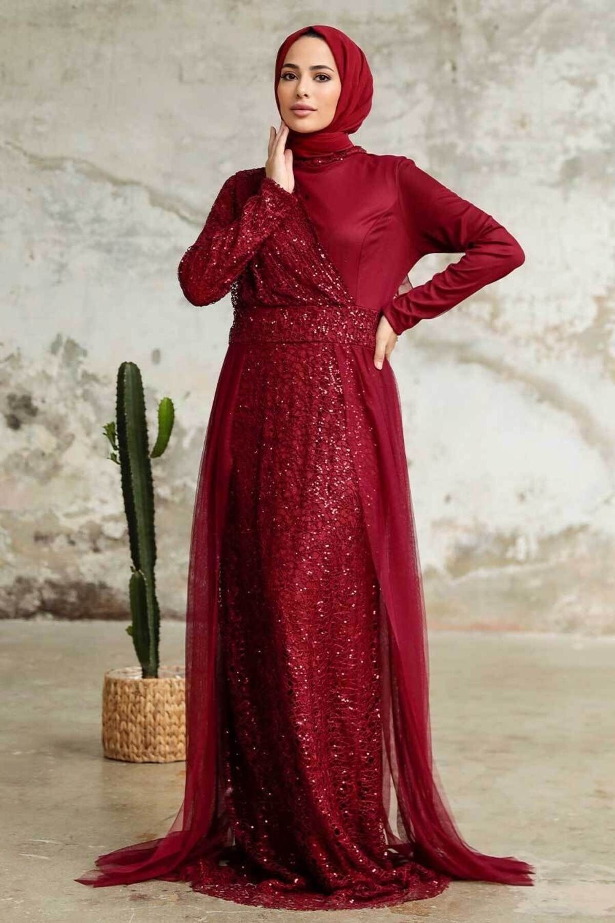 Azalea Sequin Sequined Hidden Zipper Hijab Evening Dress - Burgundy