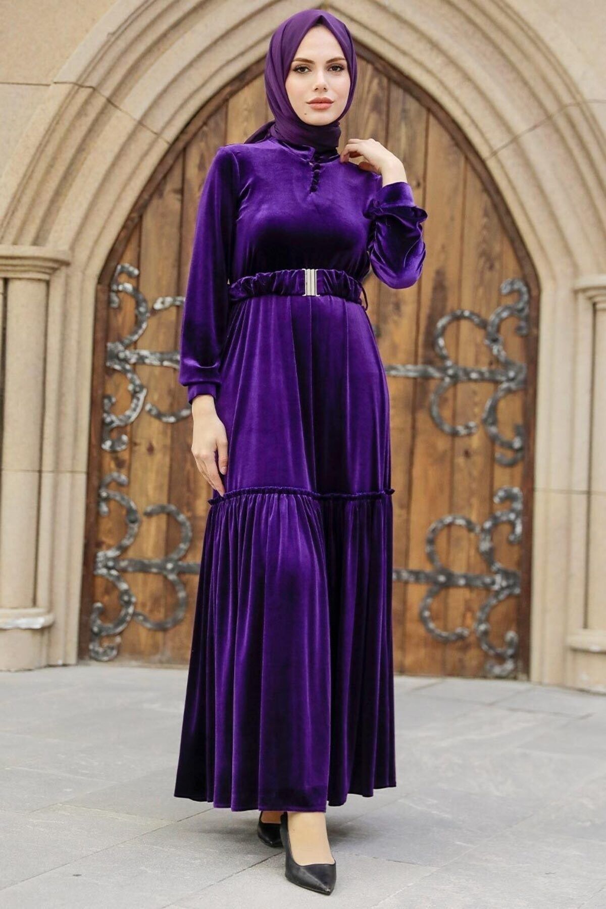 Neva Style Purple Hijab Velvet Dress with Belt 36971purple Trendyol