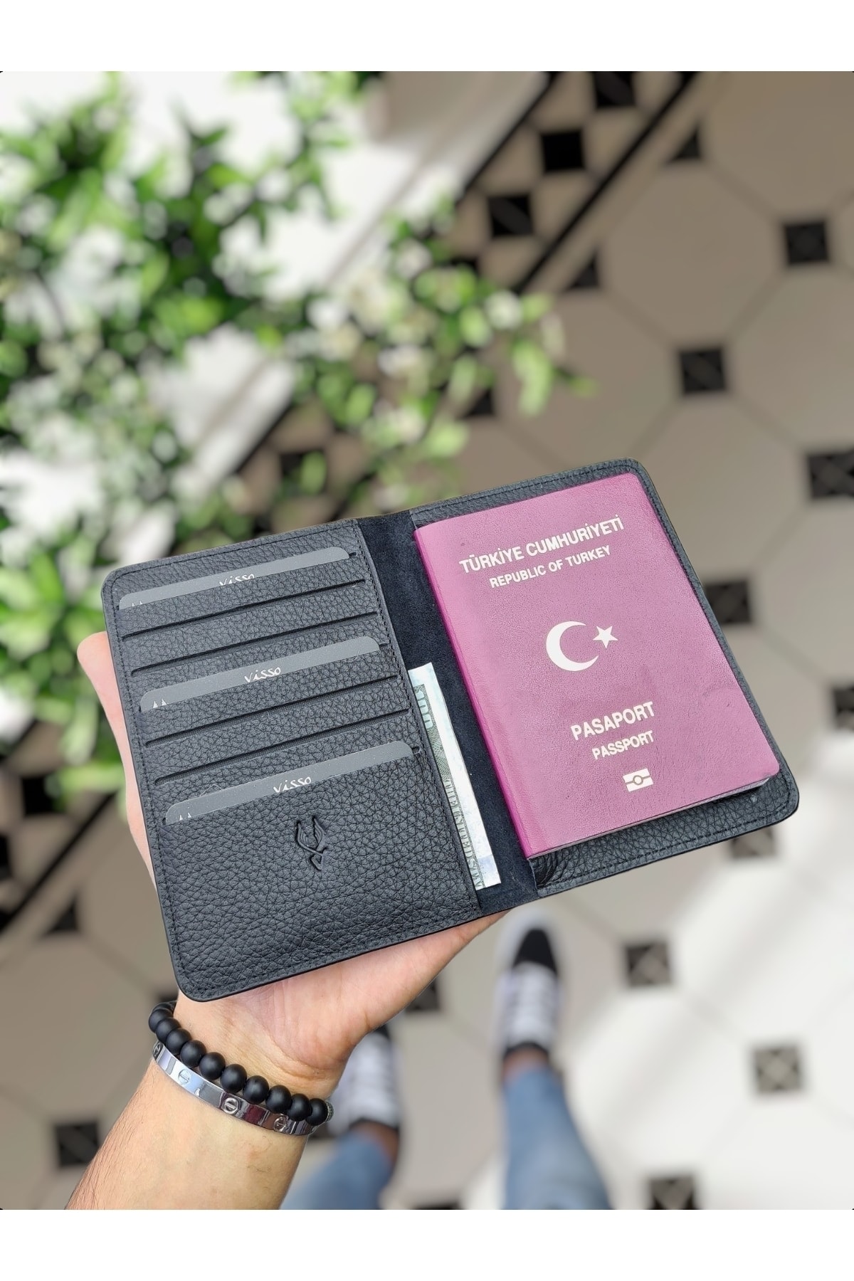 کیف پول مردانه مشکی VİSSO | 911 SİYAH GUTTY UÇAK LOGOLU SARI YALDIZ اورجینال - تصویر 4