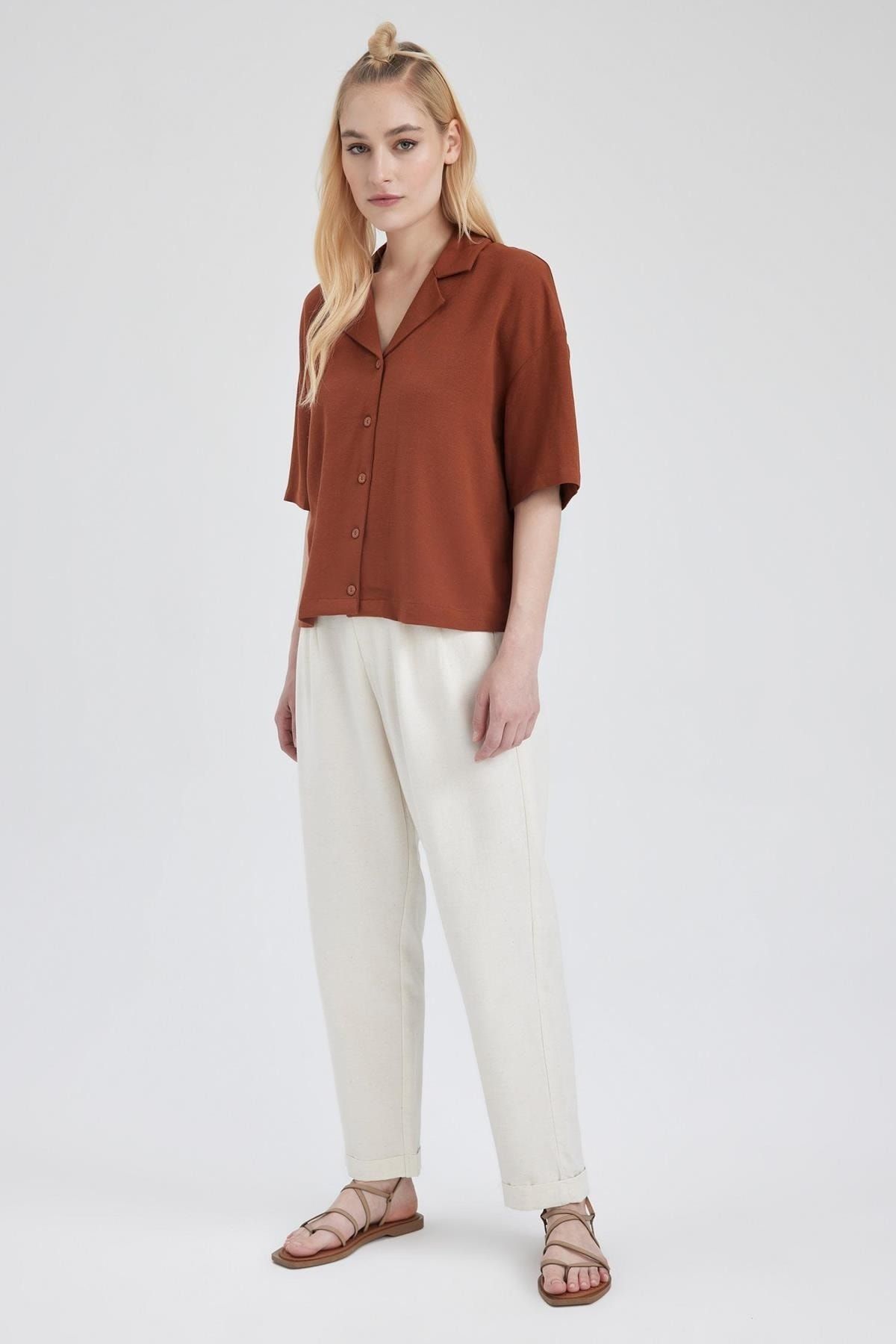 Defacto Relax Fit Pajama Collar Linen Blend Short Sleeve Shirt