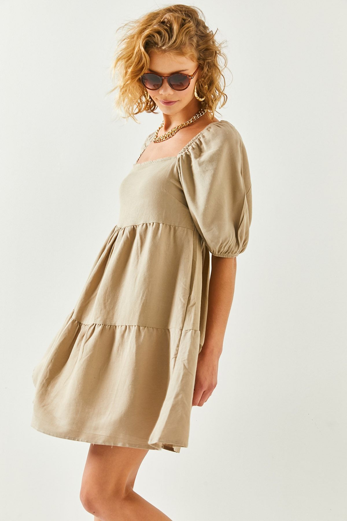 Olalook-Női Camel Square gallér darab mini vászonruha ELB-19001941 4