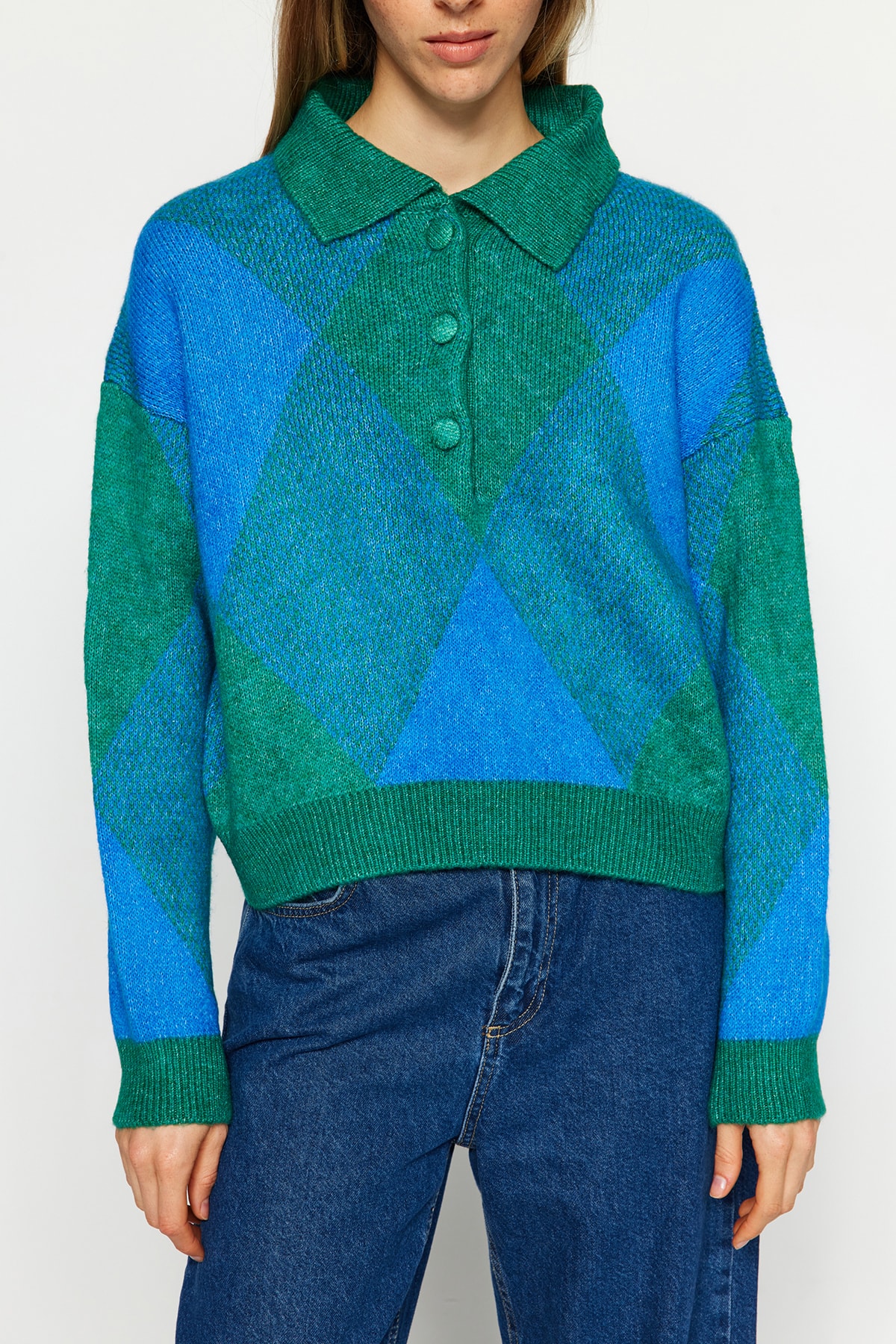 Trendyolmilla  Yeşil Geniş Kalıp Polo Yaka Baklava Desenli Triko Kazak TWOAW24KZ00713 - Görsel 4