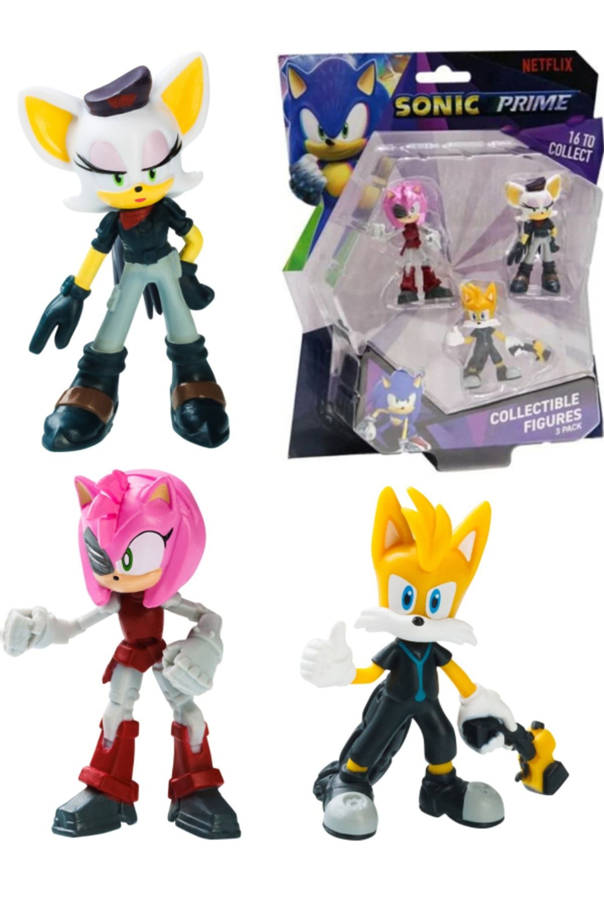Sonic The Hedgehog Sonic Prime Sonic, Sails Tails & Batten Rouge Mini  Figure 3-Pack (No Place)
