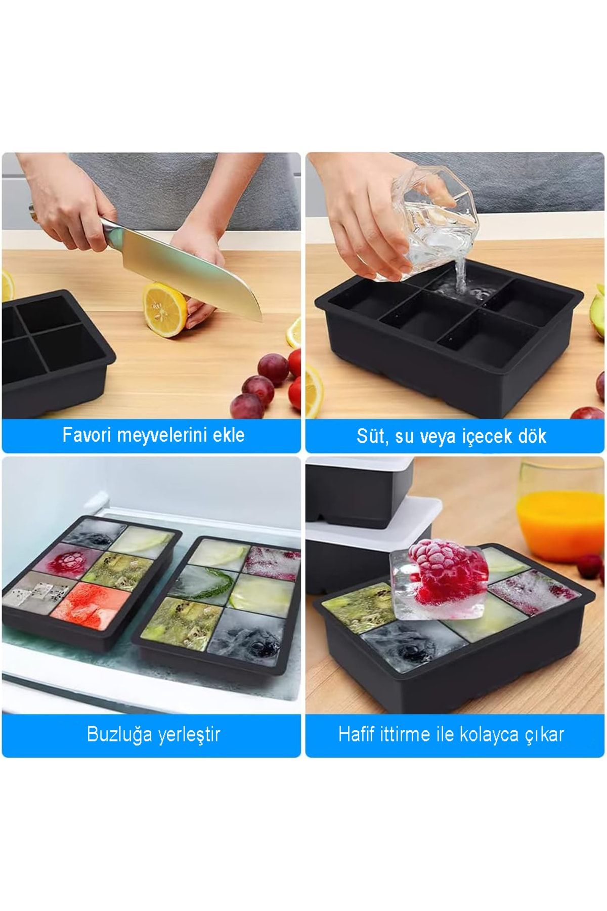 EARABUL-Arispa Black Silicone 6-Piece Square Ice Mold - 6 Compartment Ice Box 5cm Giant Ice Cubes - Presentation Ice Cube 3