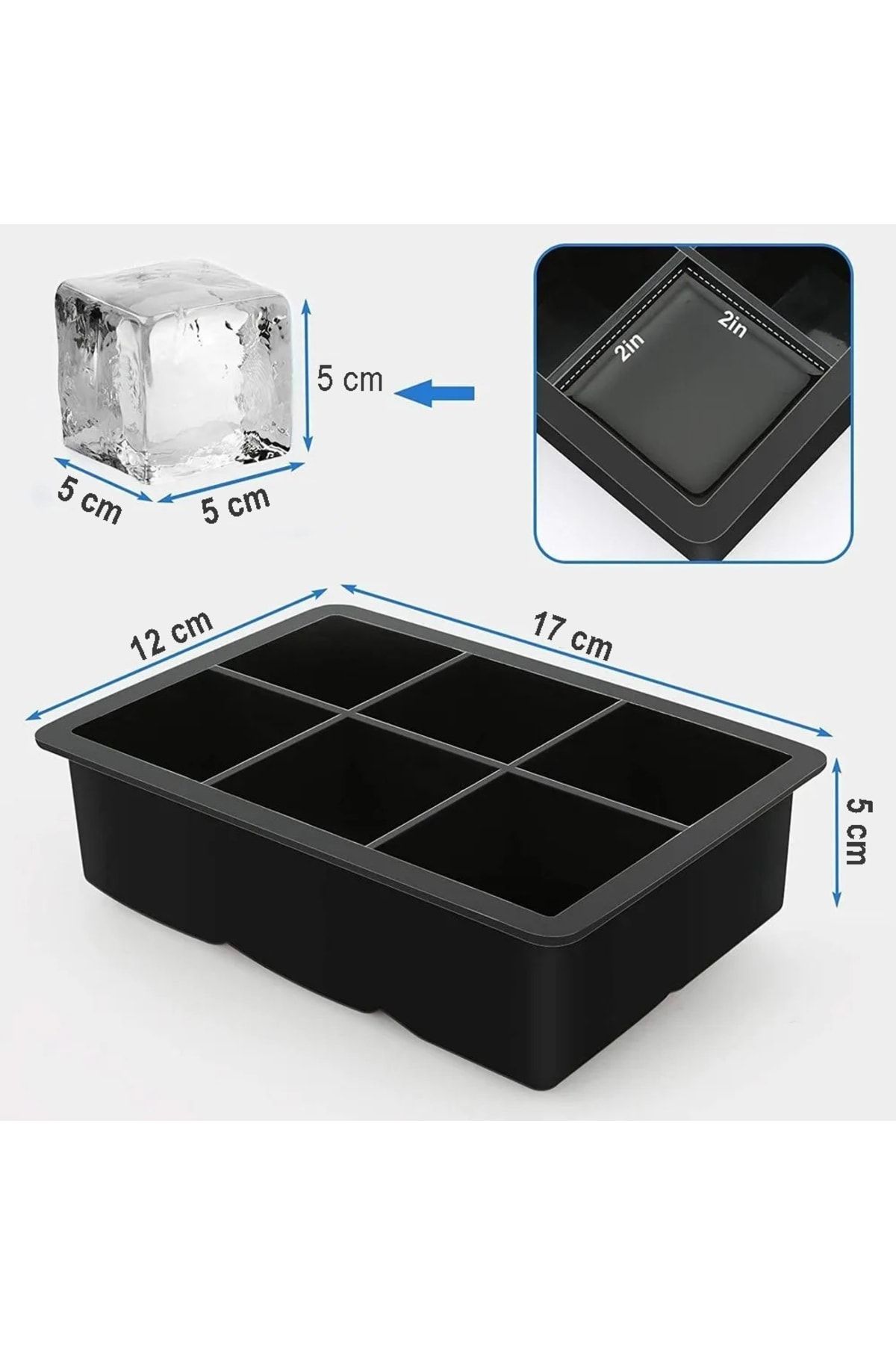 EARABUL-Arispa Black Silicone 6-Piece Square Ice Mold - 6 Compartment Ice Box 5cm Giant Ice Cubes - Presentation Ice Cube 8