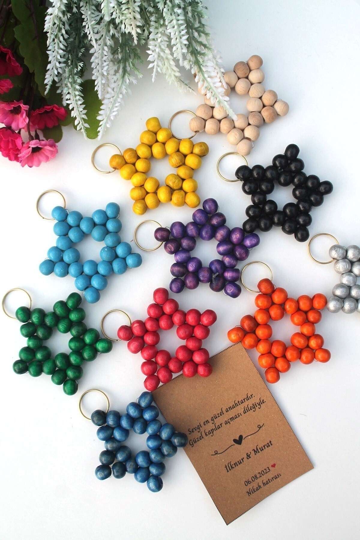 100Pcs Mixed Wooden Star Keychain - Personalized Card -Promise Engagement Wedding Henna Wedding Gift