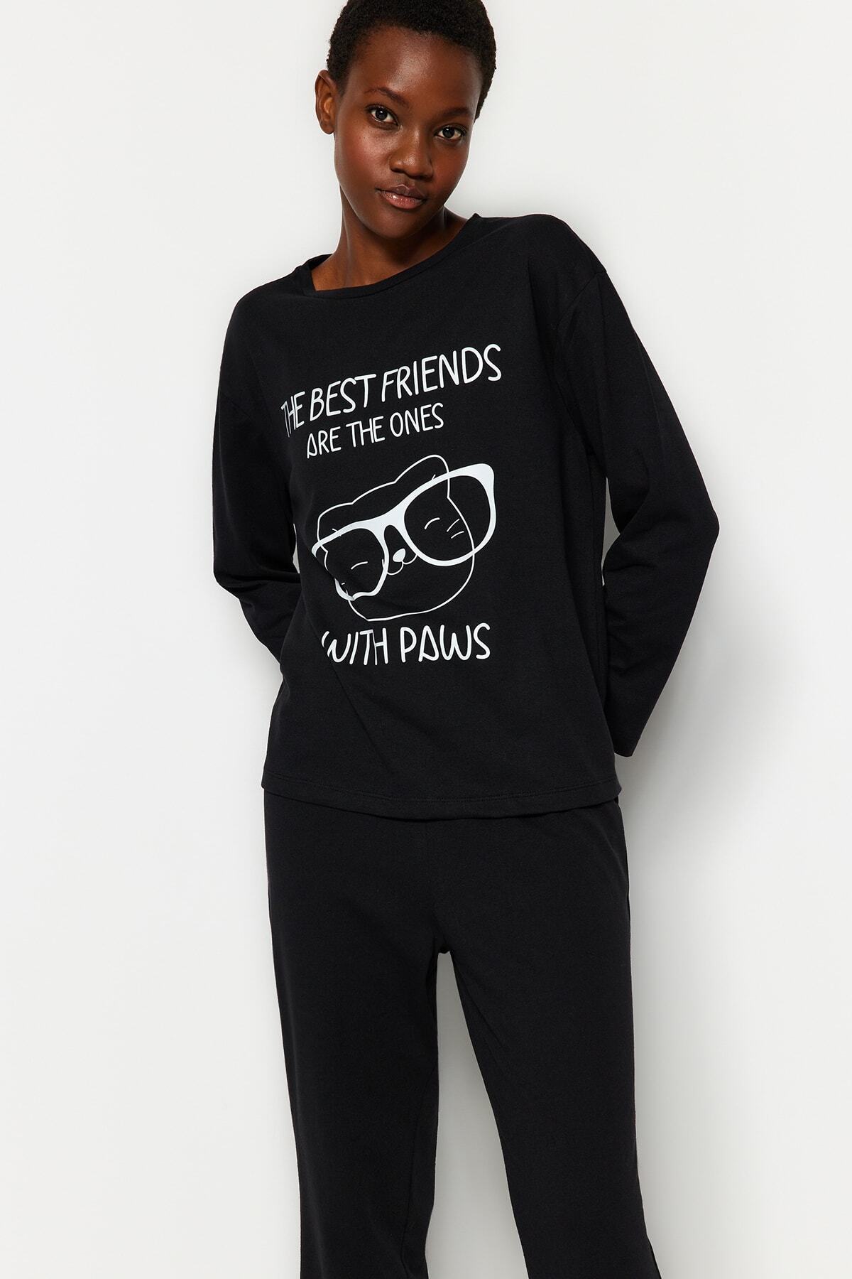Trendyol Collection-Set pijama tricotată din bumbac negru-pantaloni THMAW24PT00015 3