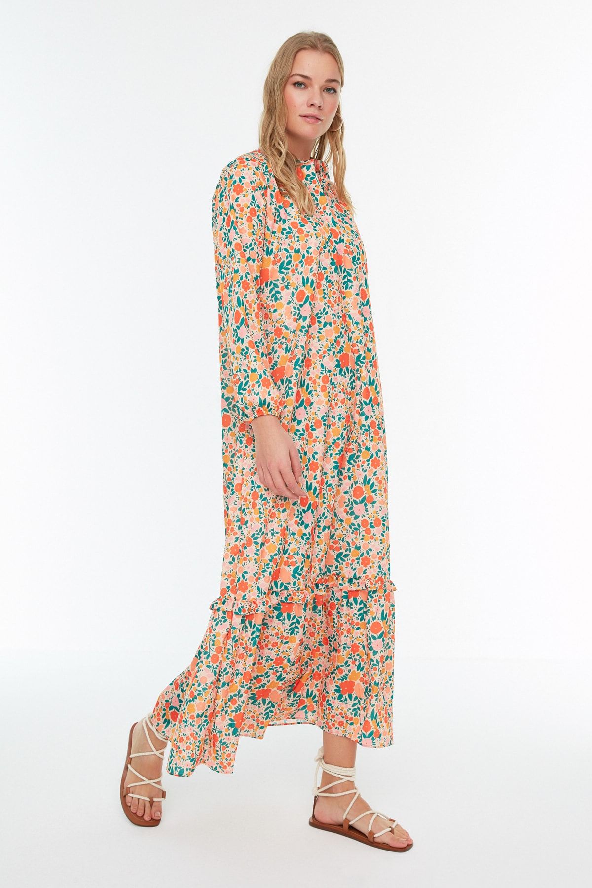 Trendyol Modest-Pomarańczowa kwiecista spódnica z półplisą i falbanką Tkana sukienka TCTSS21EL3353 5