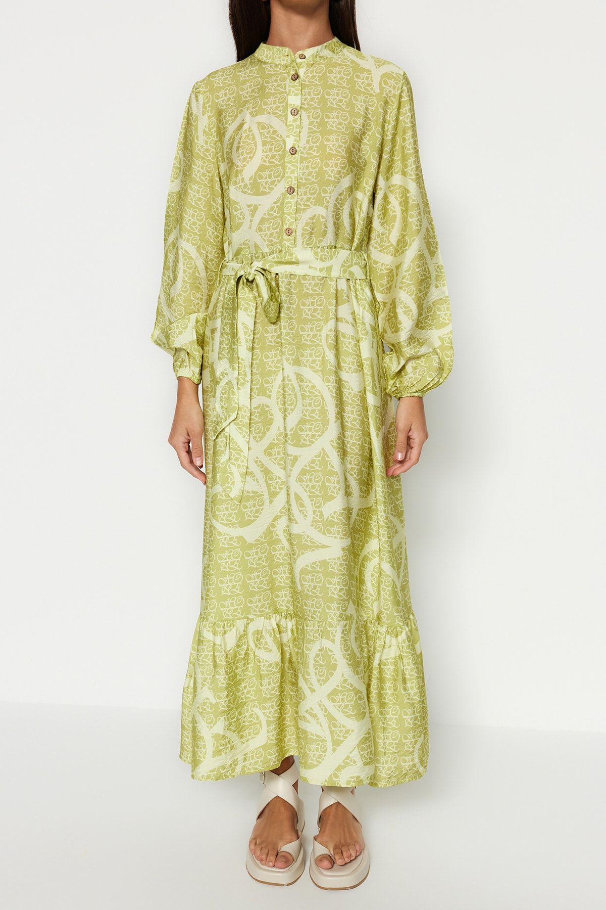 Trendyol Modest-Olajzöld öves fél szoknyás szoknyavég, szőtt mintás ruha TCTSS23EB00366 4