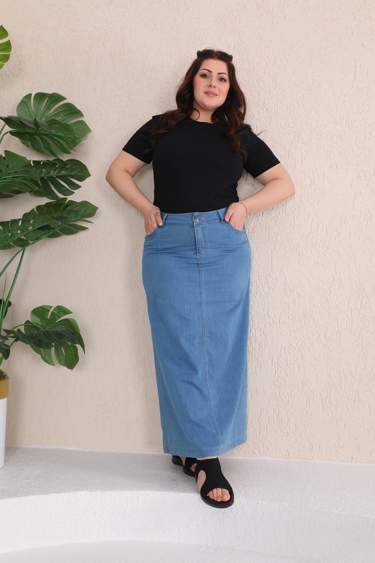 Kardelen Butik mraniye Plus Size Light Blue Denim Skirt. Trendyol