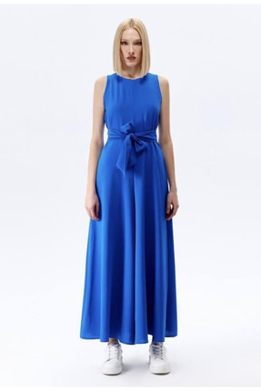 fabbwomen Saks Mavi Yuvarlak Yaka Sıfır Kol Tulum