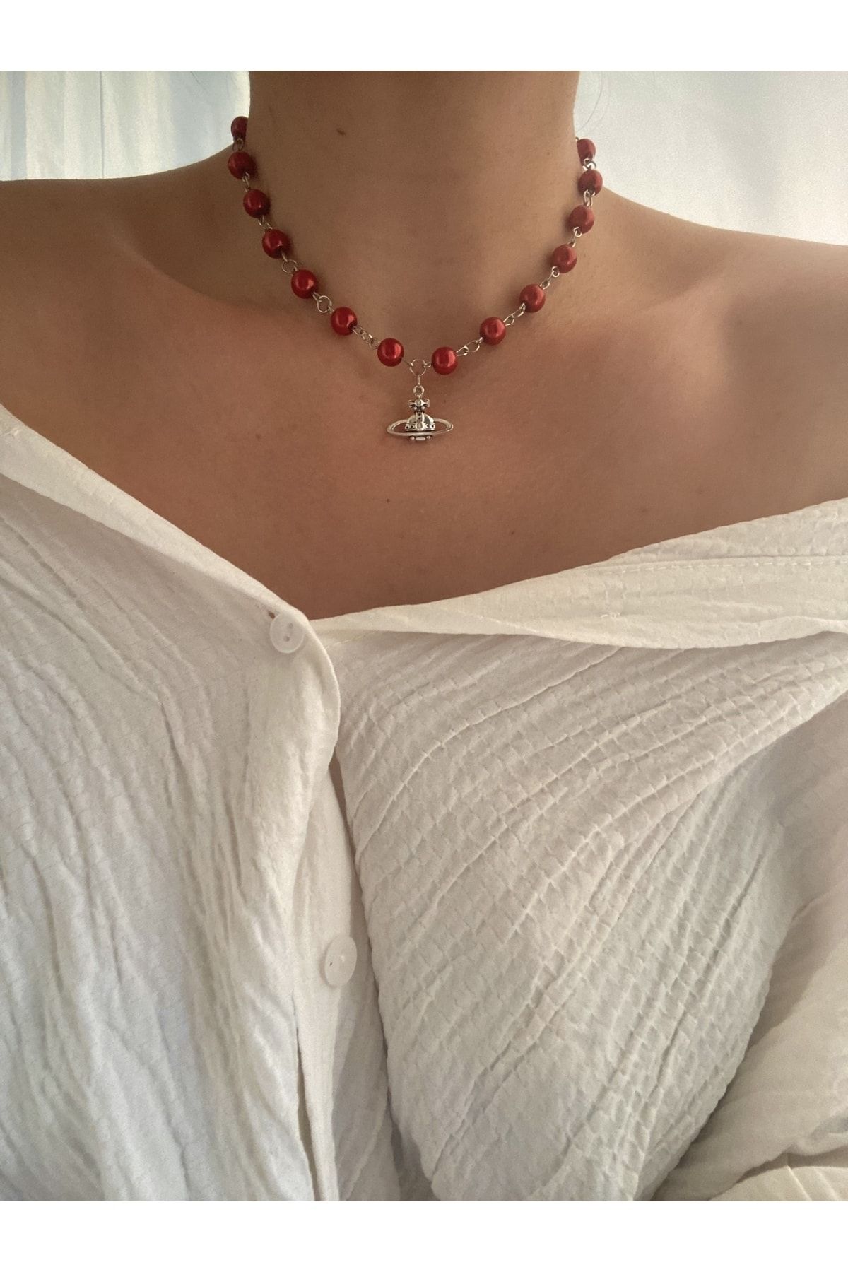 bohemian tak tasarim Anime Nana Saturn Burgundy Pearl Necklace