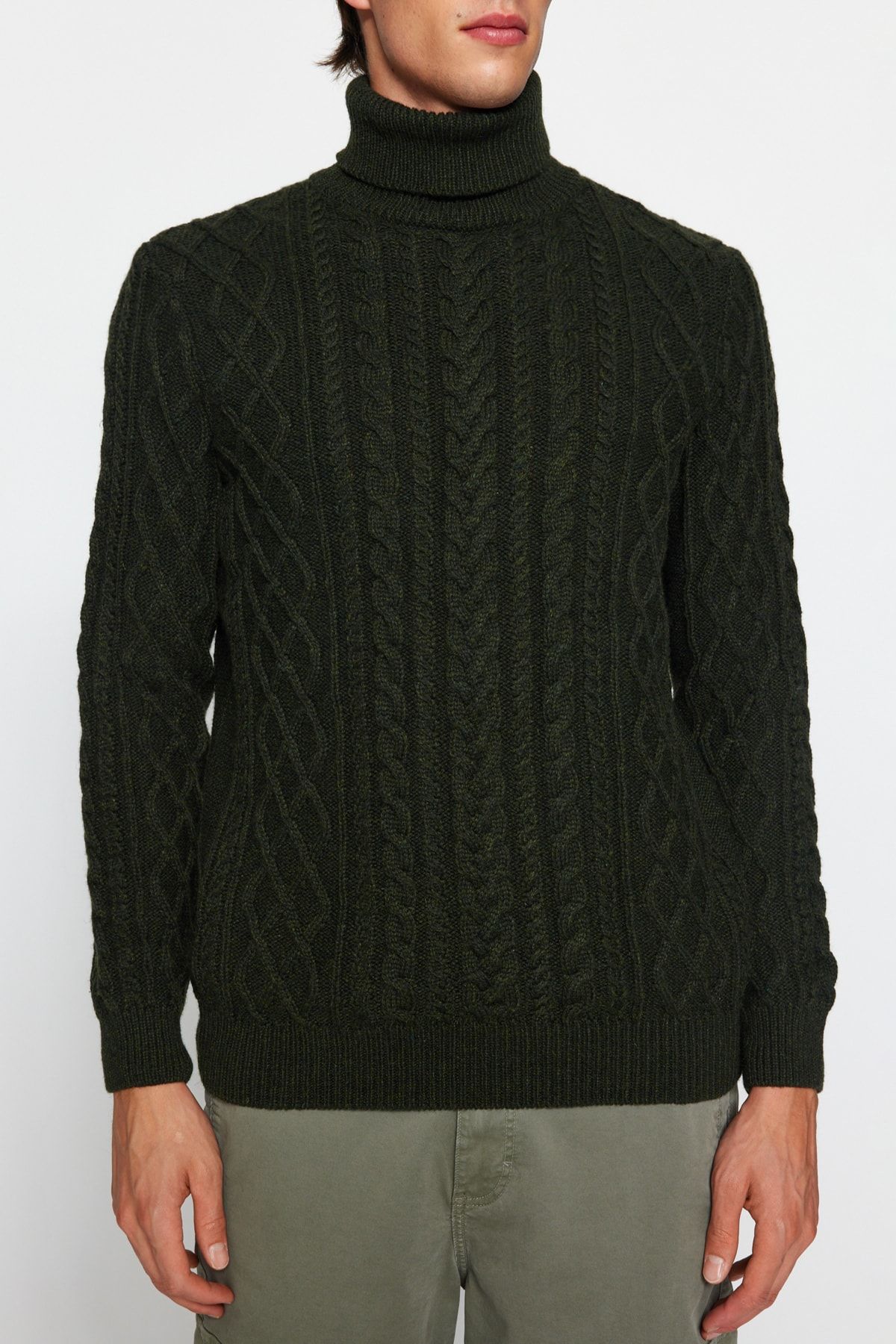 Trendyol Collection-Khaki rolák Slim Fit pletený svetr - Vlasová pletená vlna Tmnaw22Kz0302 4