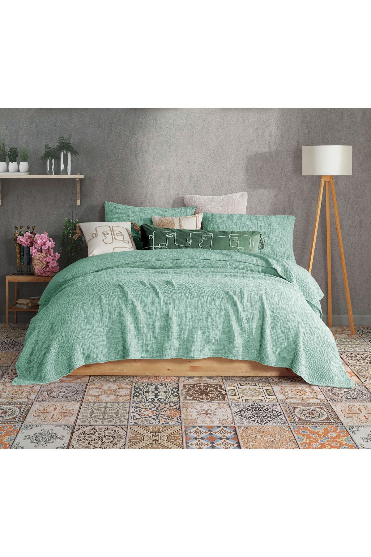 destinyhometex Cuvertură De Pat Dublă Verde Mentă 200x240cm / 2 Bucăți 50x70cm Pernă 4 Straturi Mușlină Multiplă 100% Bumbac - One Size