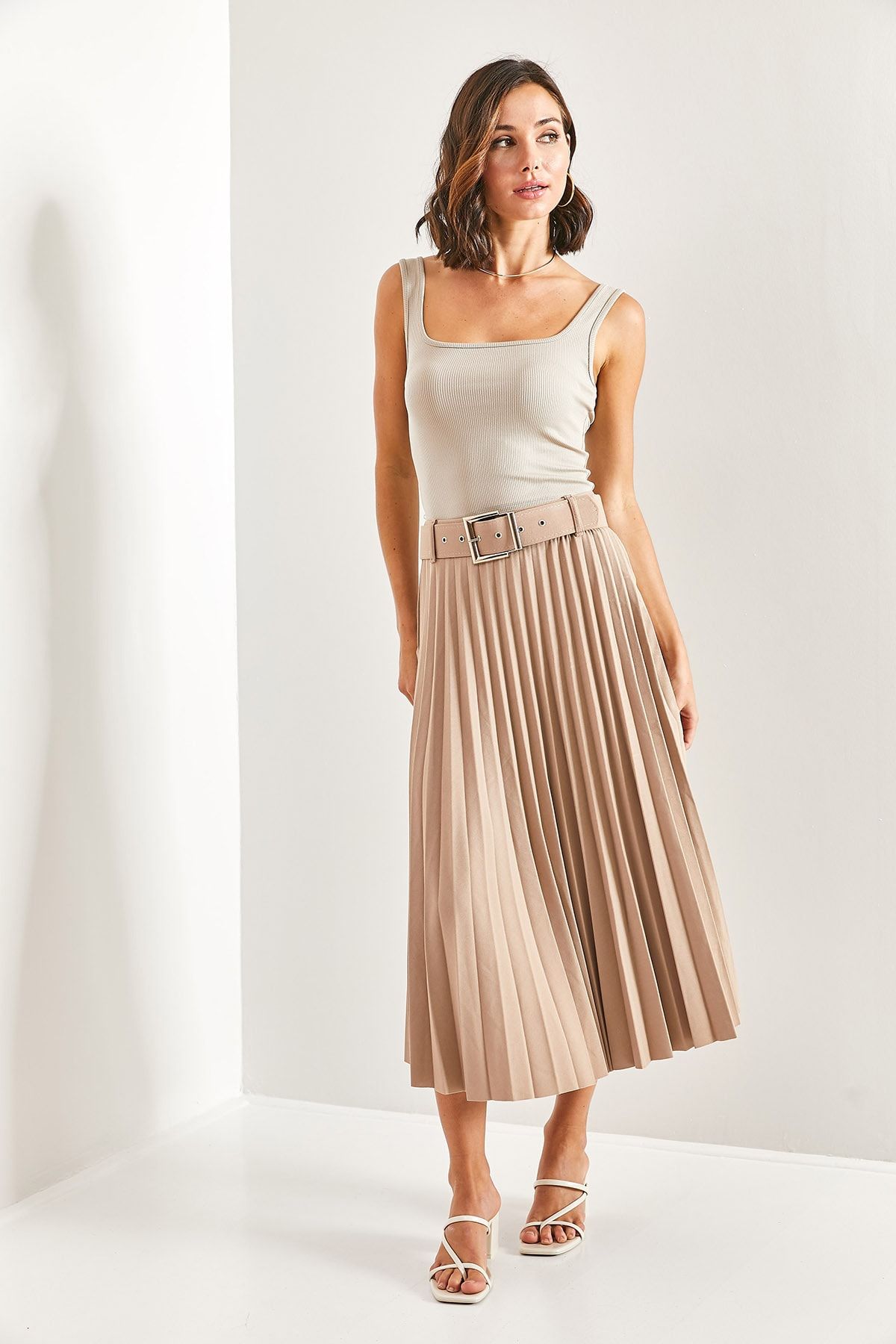 Bianco Lucci Women s Belted Pleated Long Skirt 7102 Trendyol