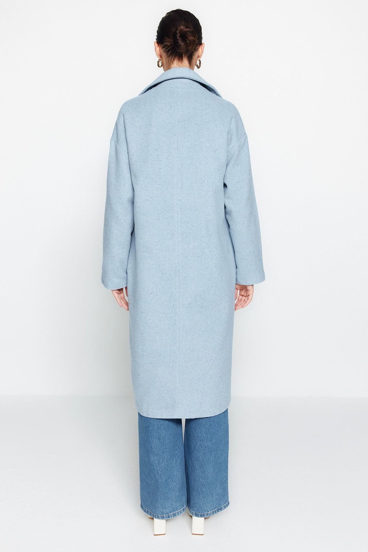 Trendyol Collection-Blauer, übergroßer, weit geschnittener, langer Wollmantel mit Stempelmuster TWOAW21KB0038 5