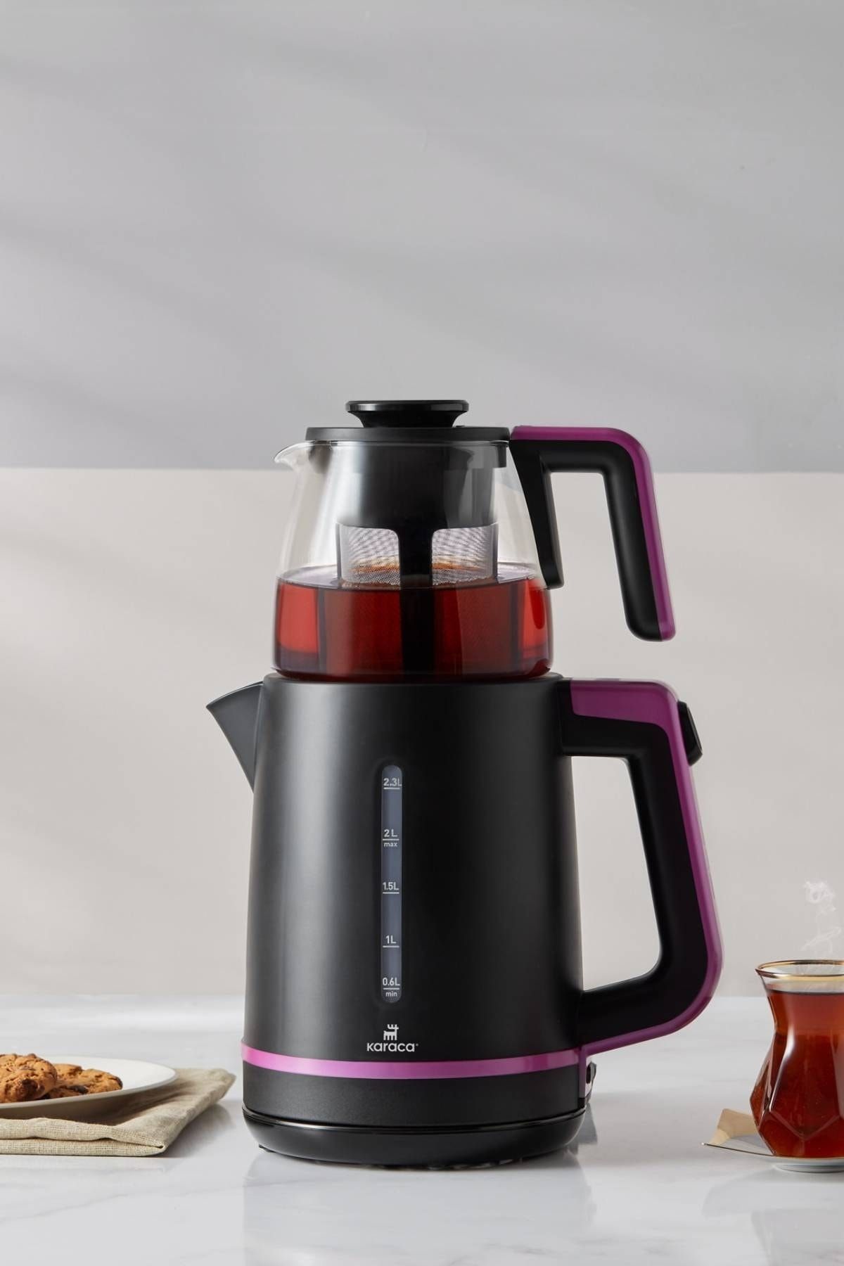چای ساز Maxi Tea Xl 2in1 با قوری شیشه ای رنگ صورتی کاراجا Karaca