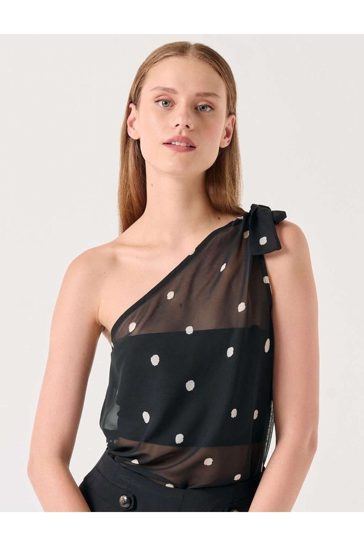Jimmy Key Black One Shoulder Polka Dot Chiffon Blouse