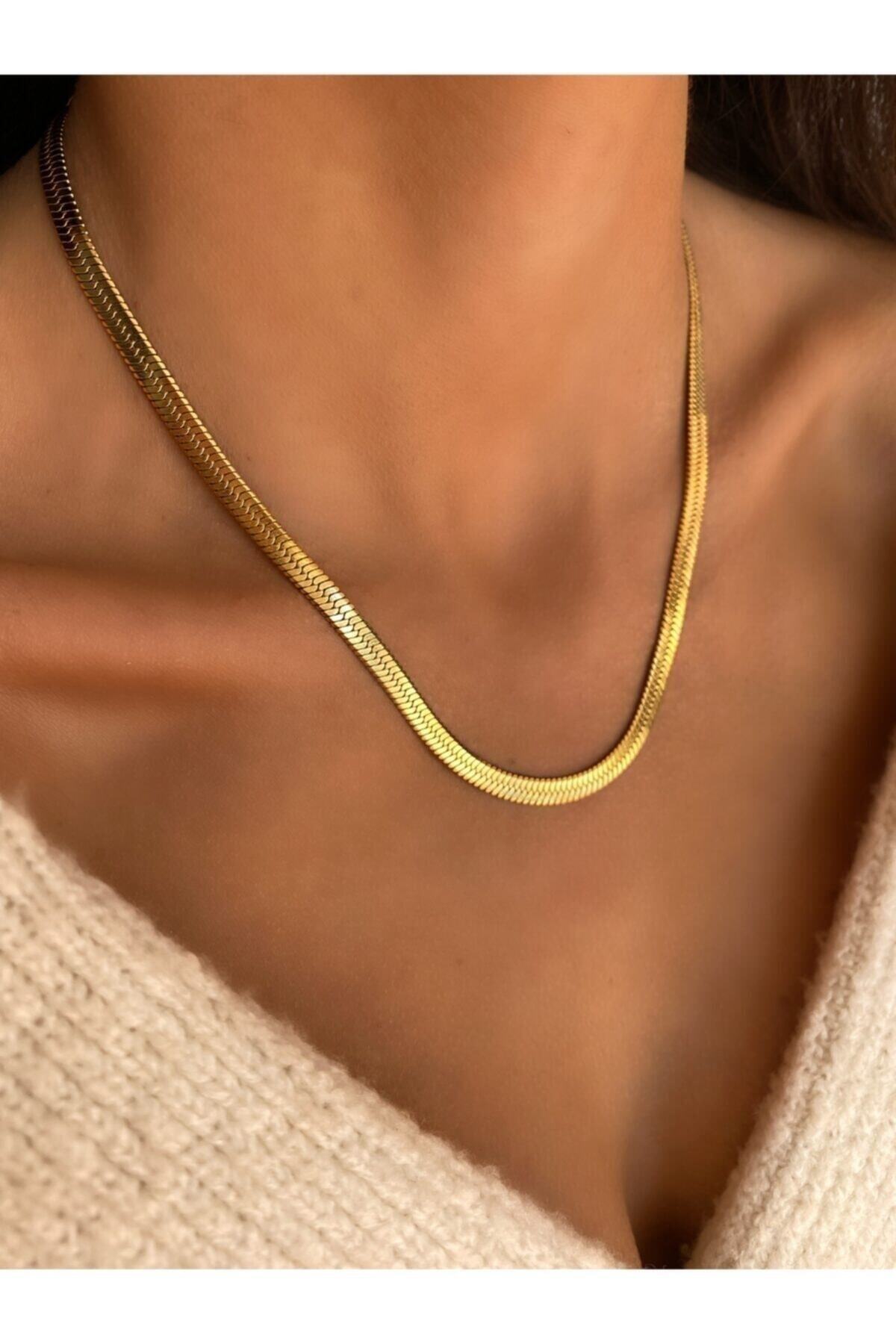 stainless steell Gold Italian Flat Steel Necklace - Trendyol