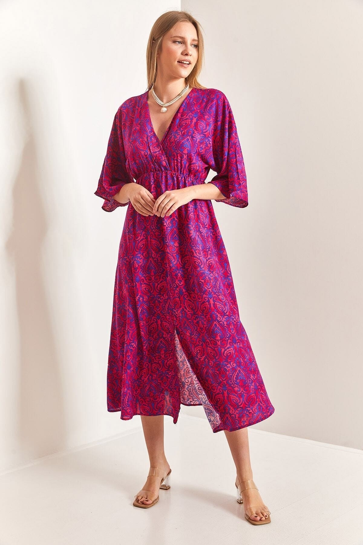 Robe femme à col croisé et fente avant - Görsel 6