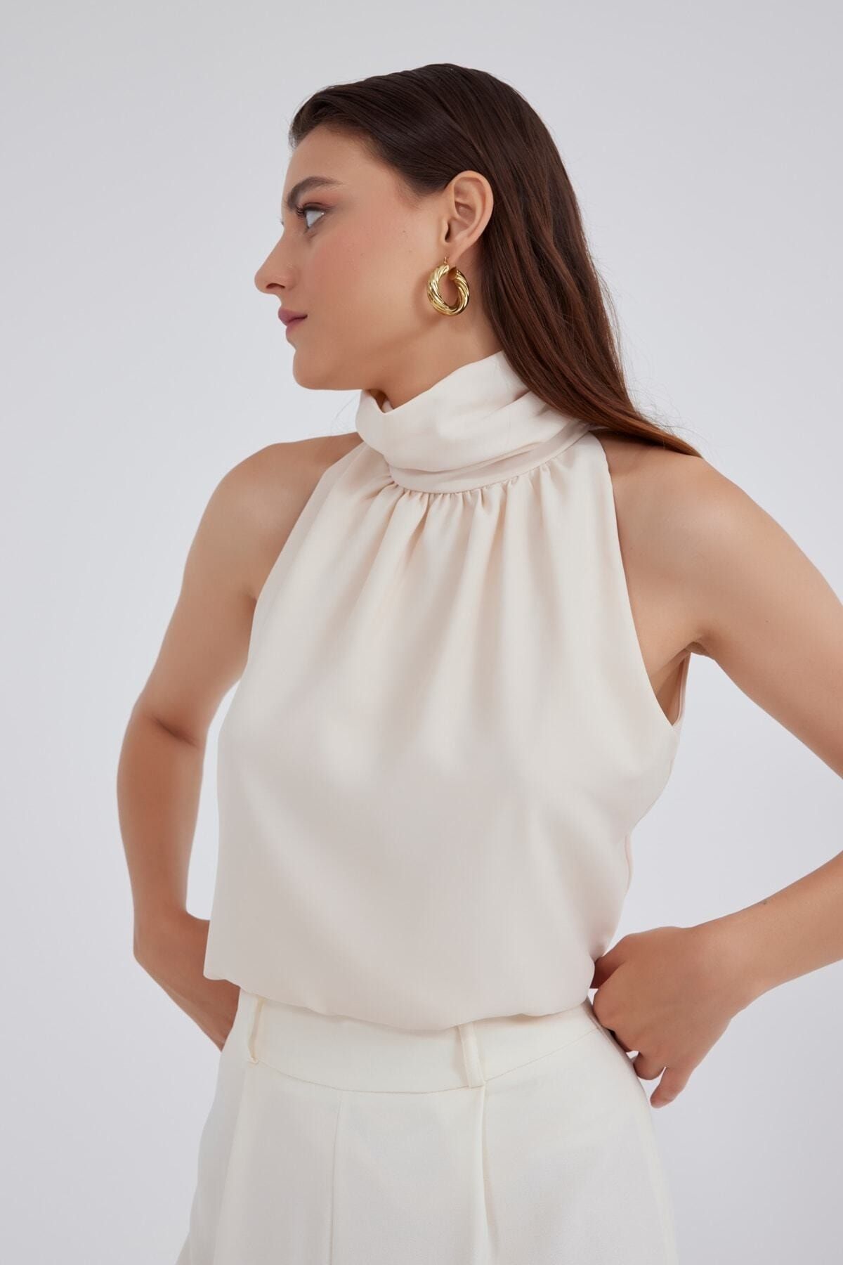 Sateen Gathered Collar Sleeveless Blouse Beige Trendyol