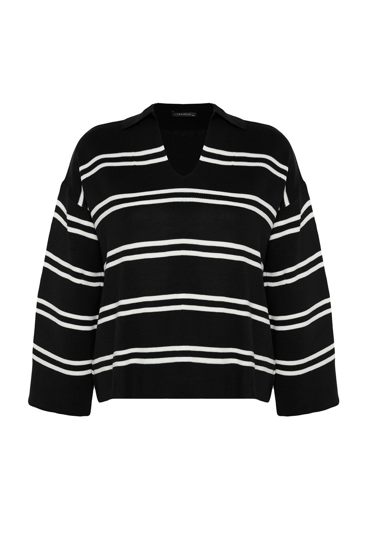 Trendyol Curve-Pulover din tricotaje cu dungi negre TBBAW24AN00013 6