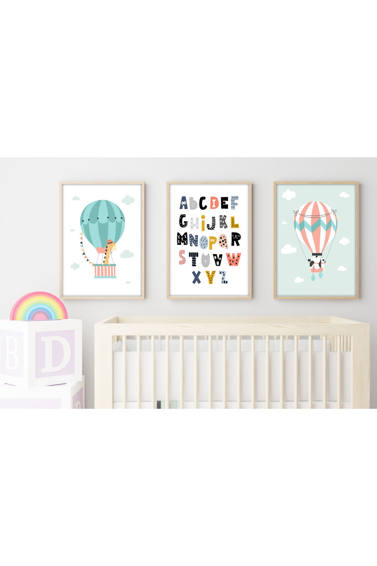 Children's room wall art set with wooden frame