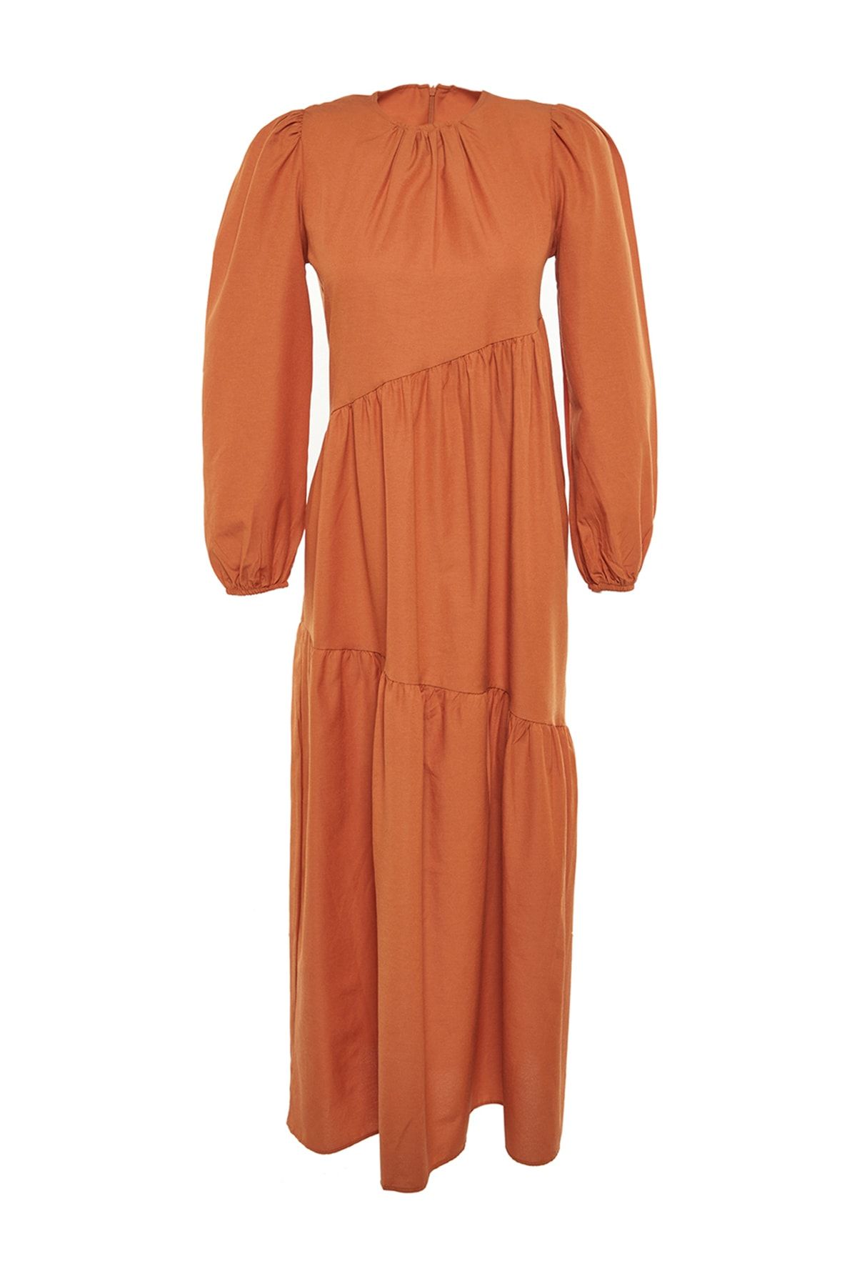Trendyol Modest-Gewebtes Kleid aus Baumwolle mit weiter Passform und Raffung in Zimtfarbe TCTSS21EL3470 7