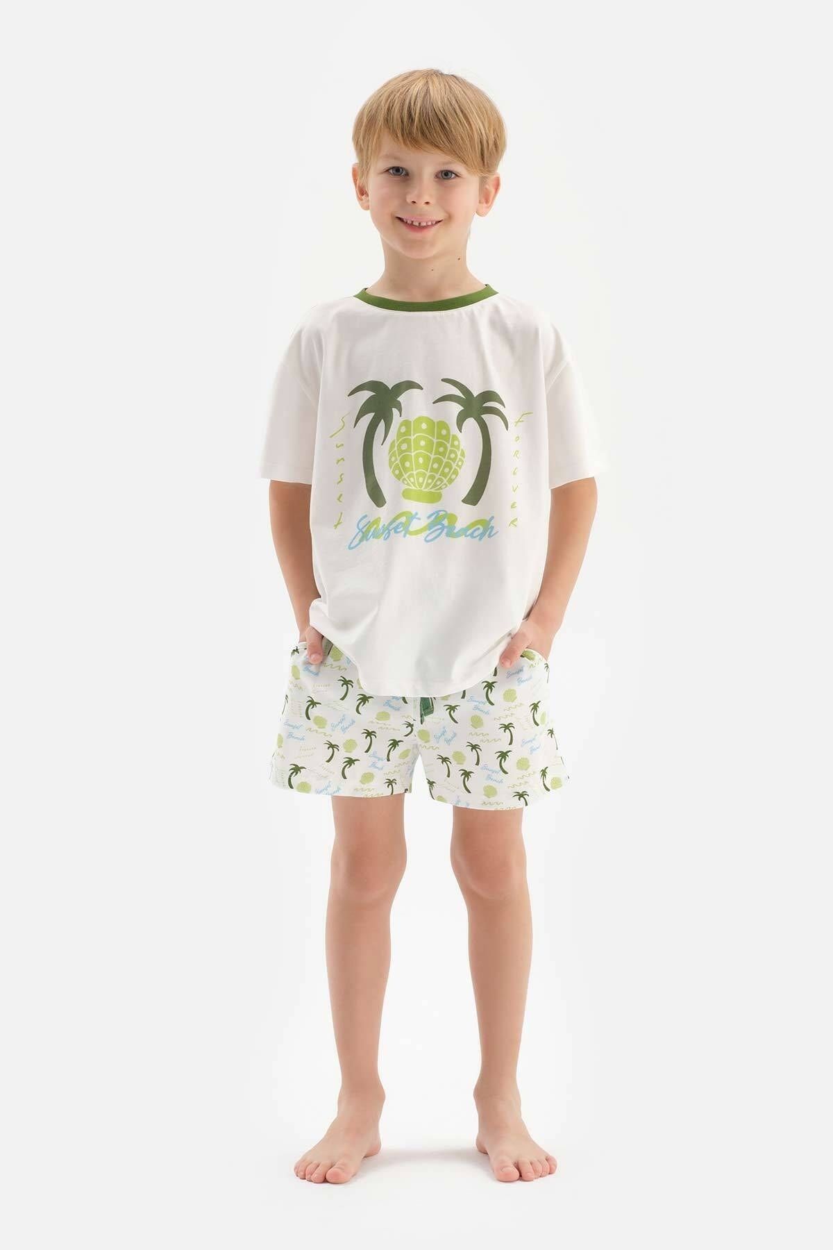 Dagi-White Boy's Palm Tree Printed Pajama Set with Shorts 1
