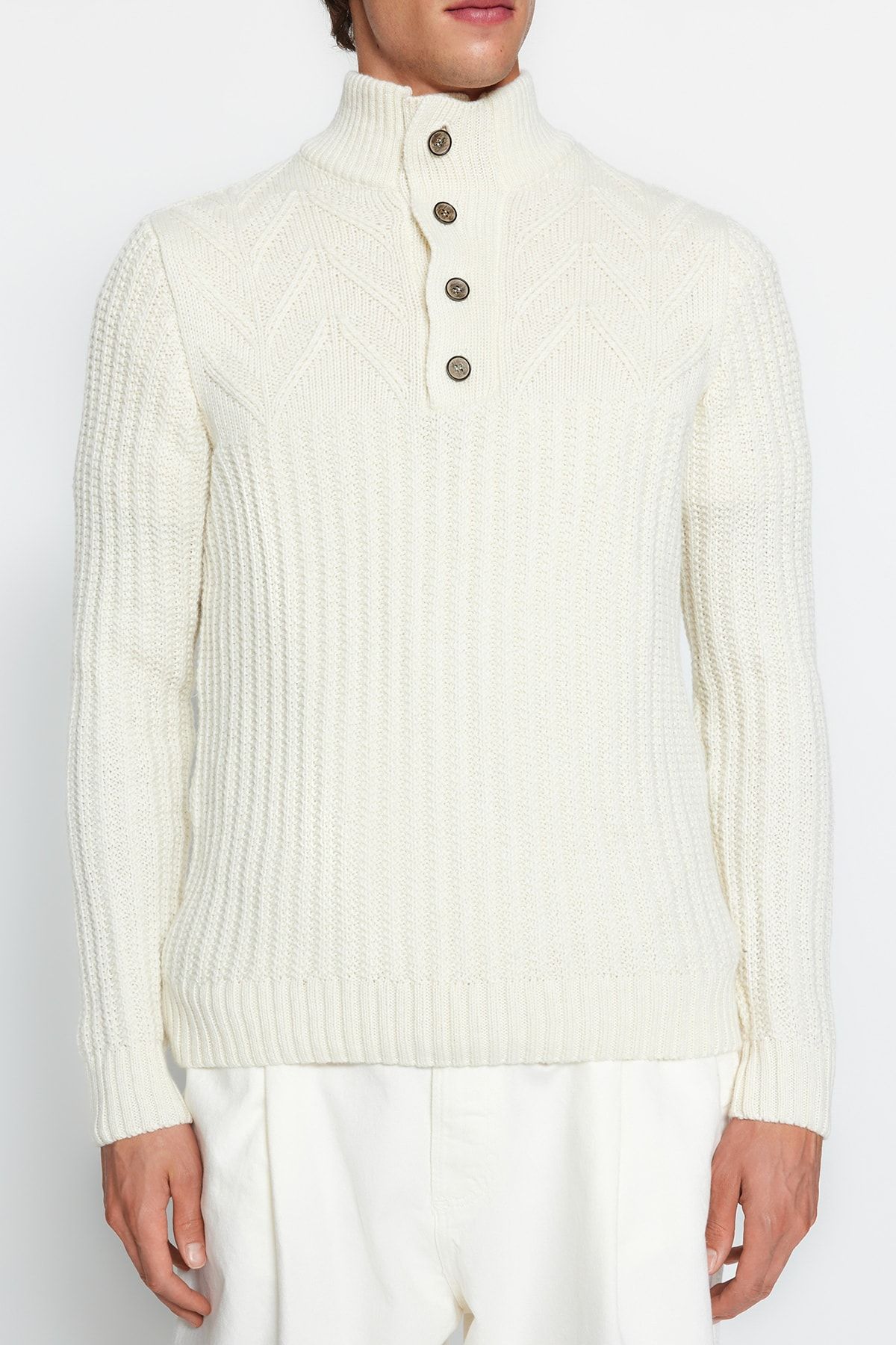 Trendyol Collection-Ecrufarbener Unisex-Strickpullover – halber Rollkragenpullover, Knopfleiste, Wolle, normale Passform TMNAW22KZ0327 9