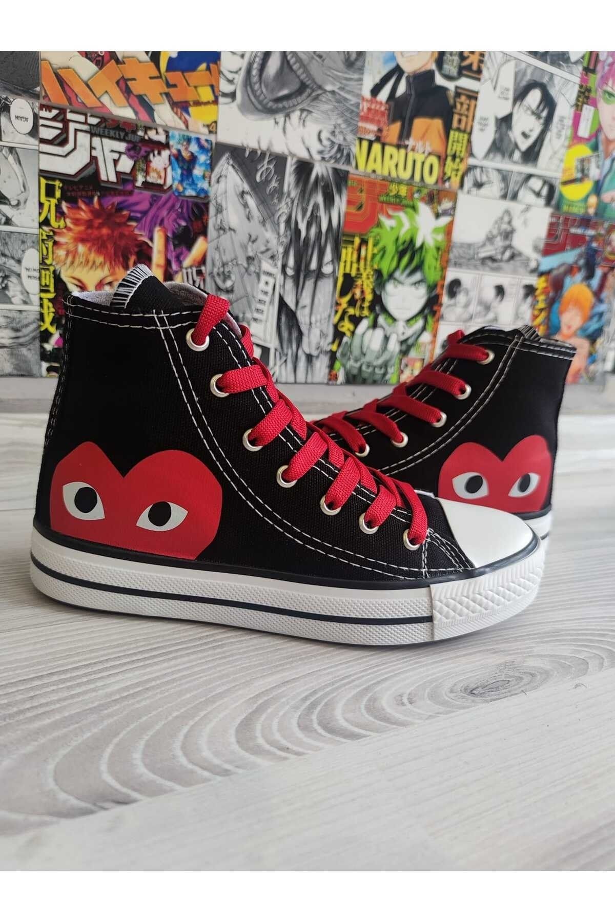 Black converse high tops red deals heart