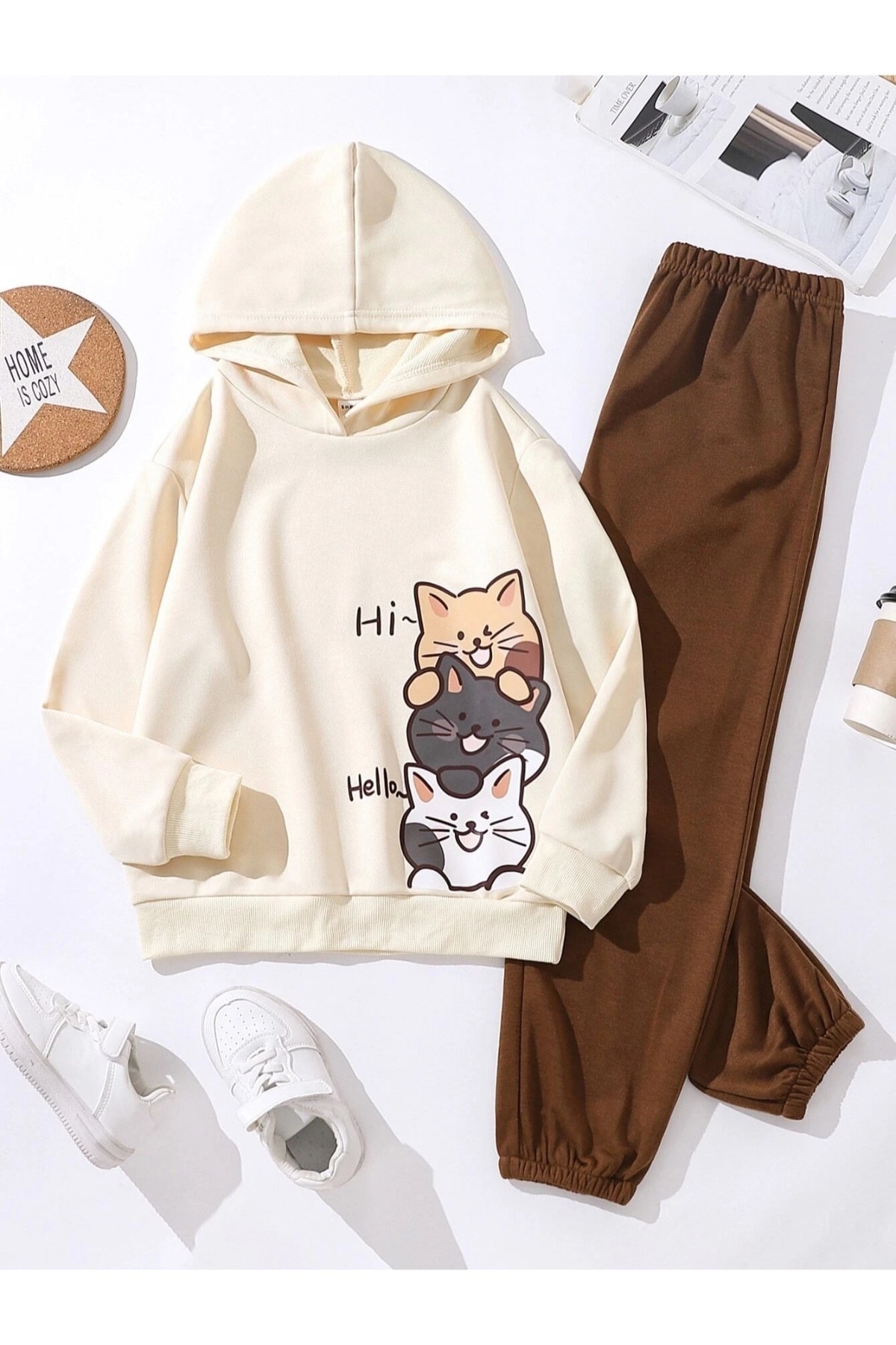 Hi Cats Printed Ecru Hooded Custom Design Children's Tracksuit