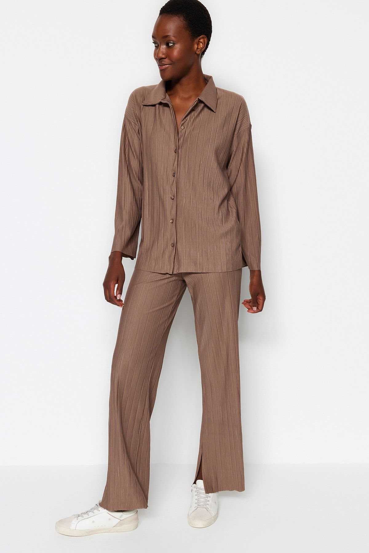 Trendyol Collection-Mink Pleated Regular Buttoned Knitted Top and Bottom Set TWOAW24AU00073 4