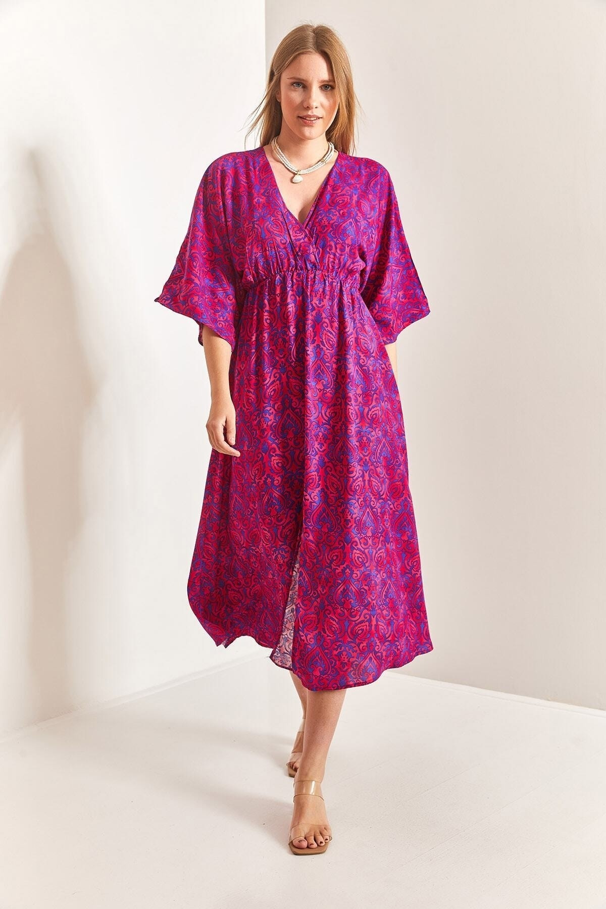 Robe femme à col croisé et fente avant - Görsel 4