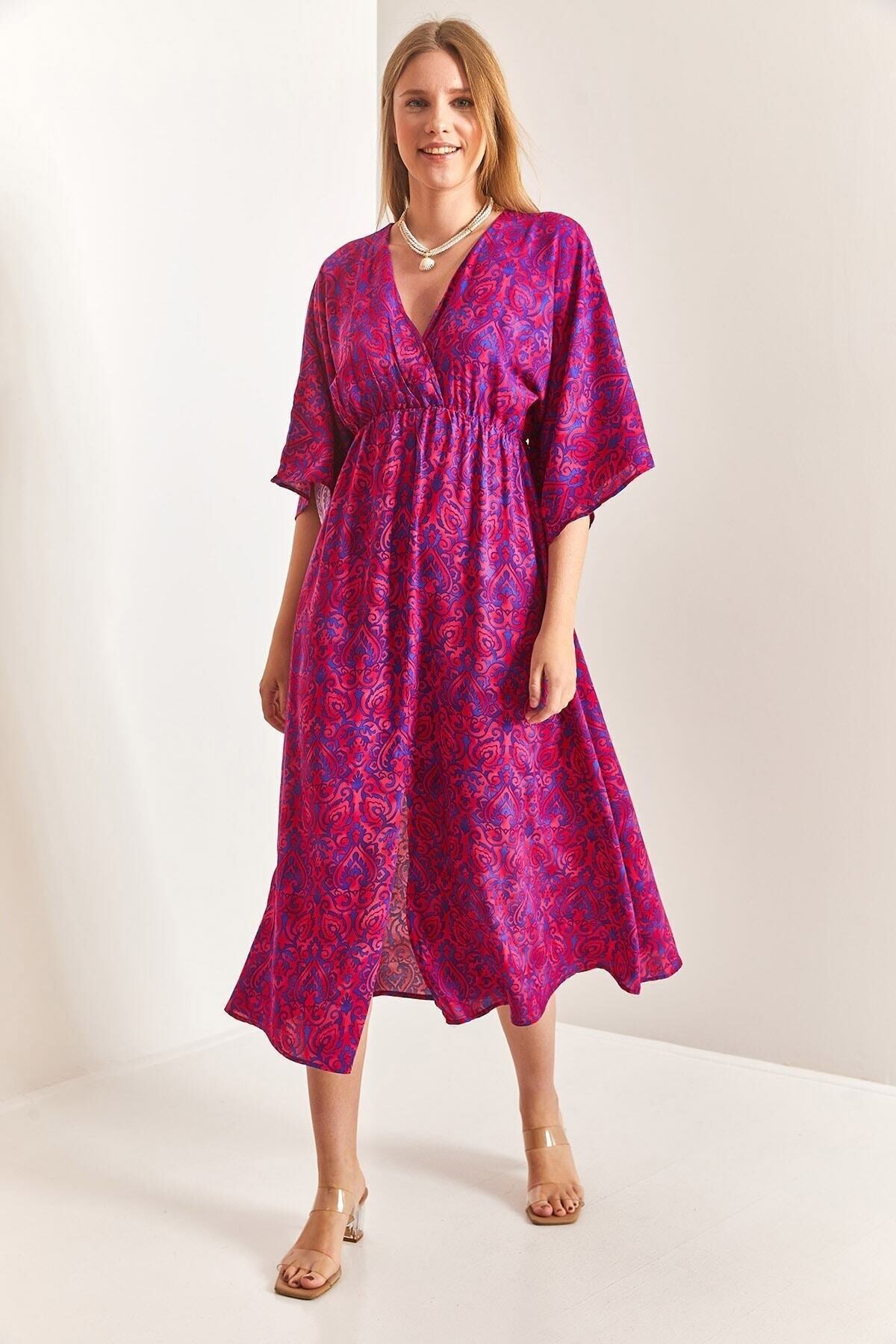 Robe femme à col croisé et fente avant - Görsel 5