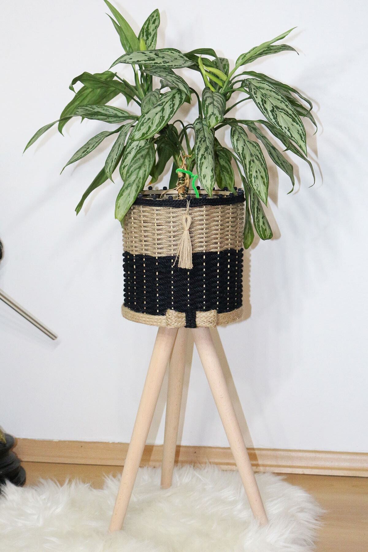 Jute Knit Wicker Basket Wooden Pot 46cm Foot Black