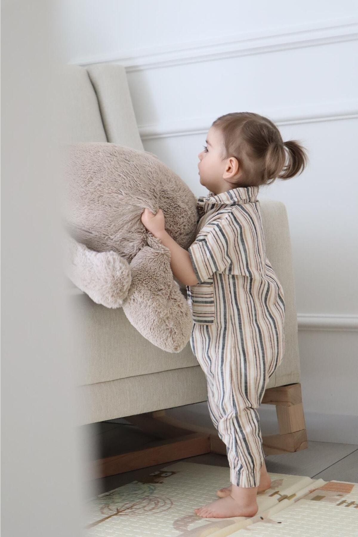 Poplinkids Çizgili Ham Keten Cepli Tulum  136