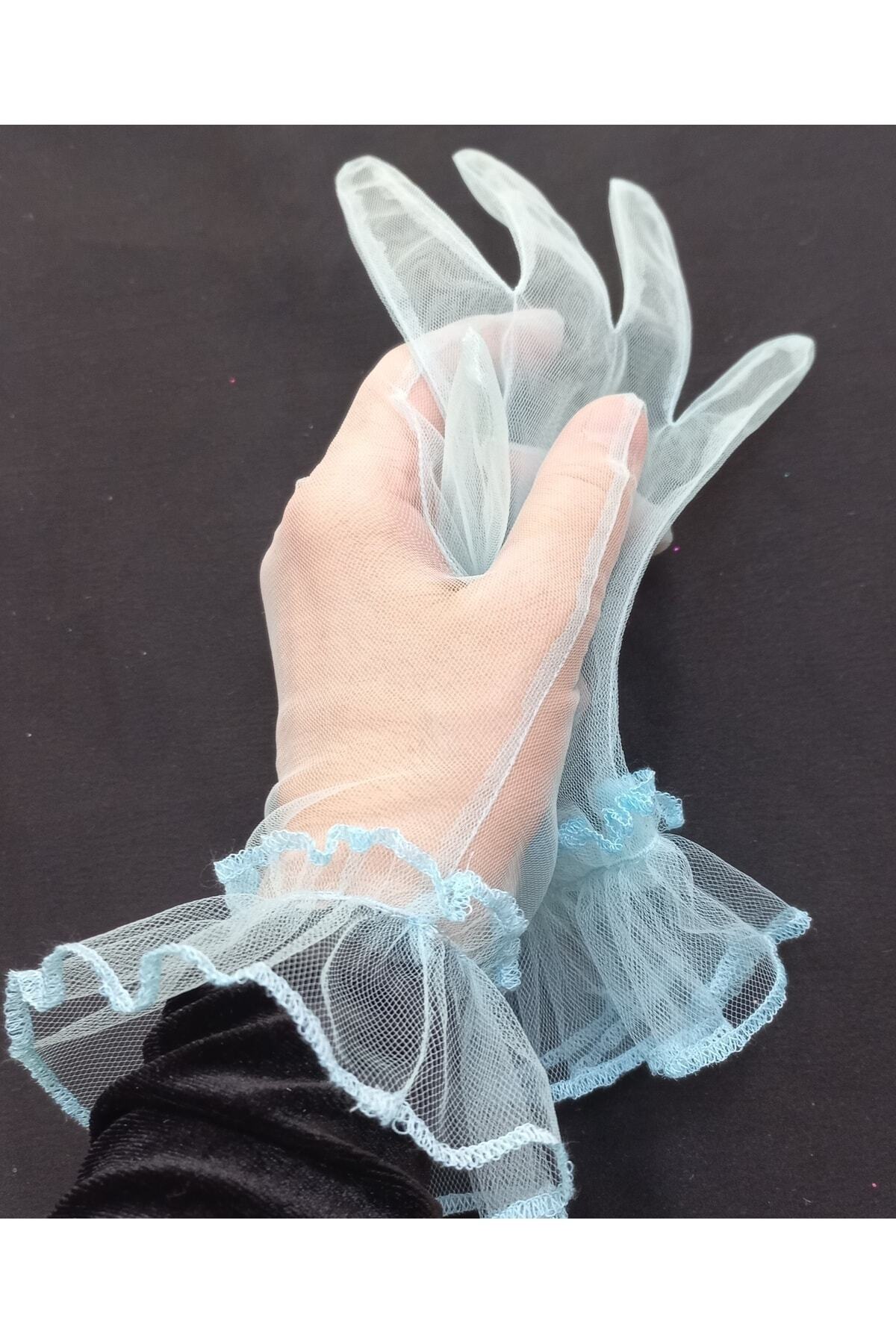 es moda shop Bella abiye gelin eldiveni kısa bebe mavi görsel 2