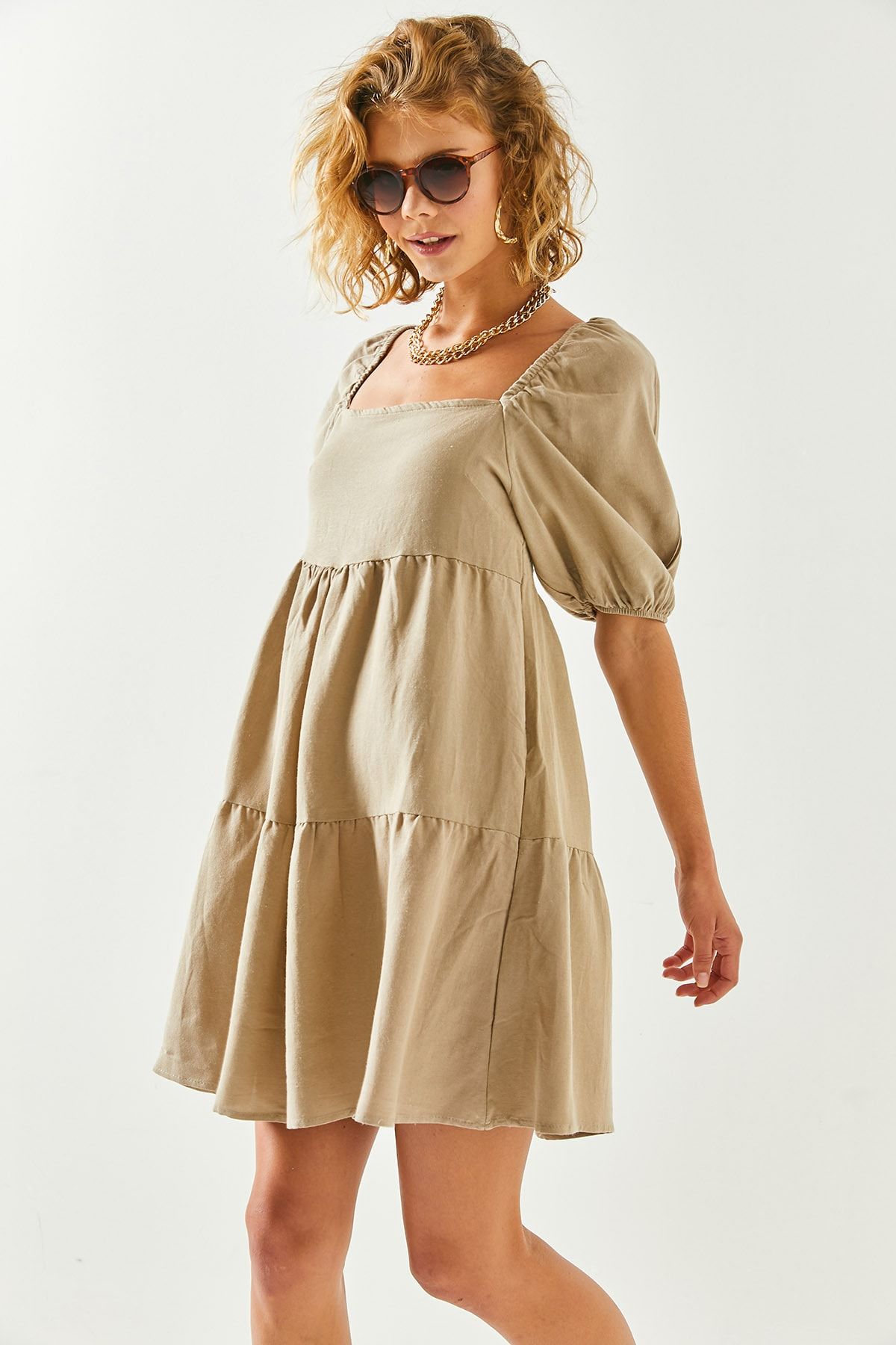 Olalook-Női Camel Square gallér darab mini vászonruha ELB-19001941 5