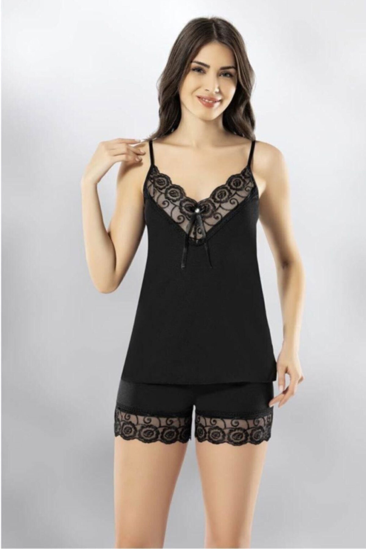 Hepsine Rakip Kadın Dantel Detaylı Penye Atlet Şort Gecelik Takım 6341