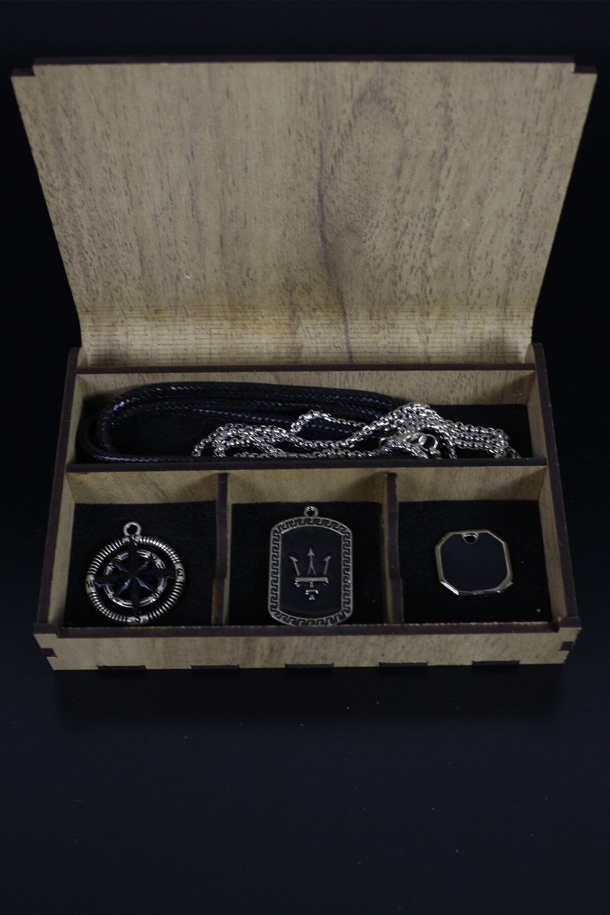 Dukkanka Kolye Seti Ahşap Özel Kutulu Pusula, Mızarak Ve Künye Künye İp Ve Zincir