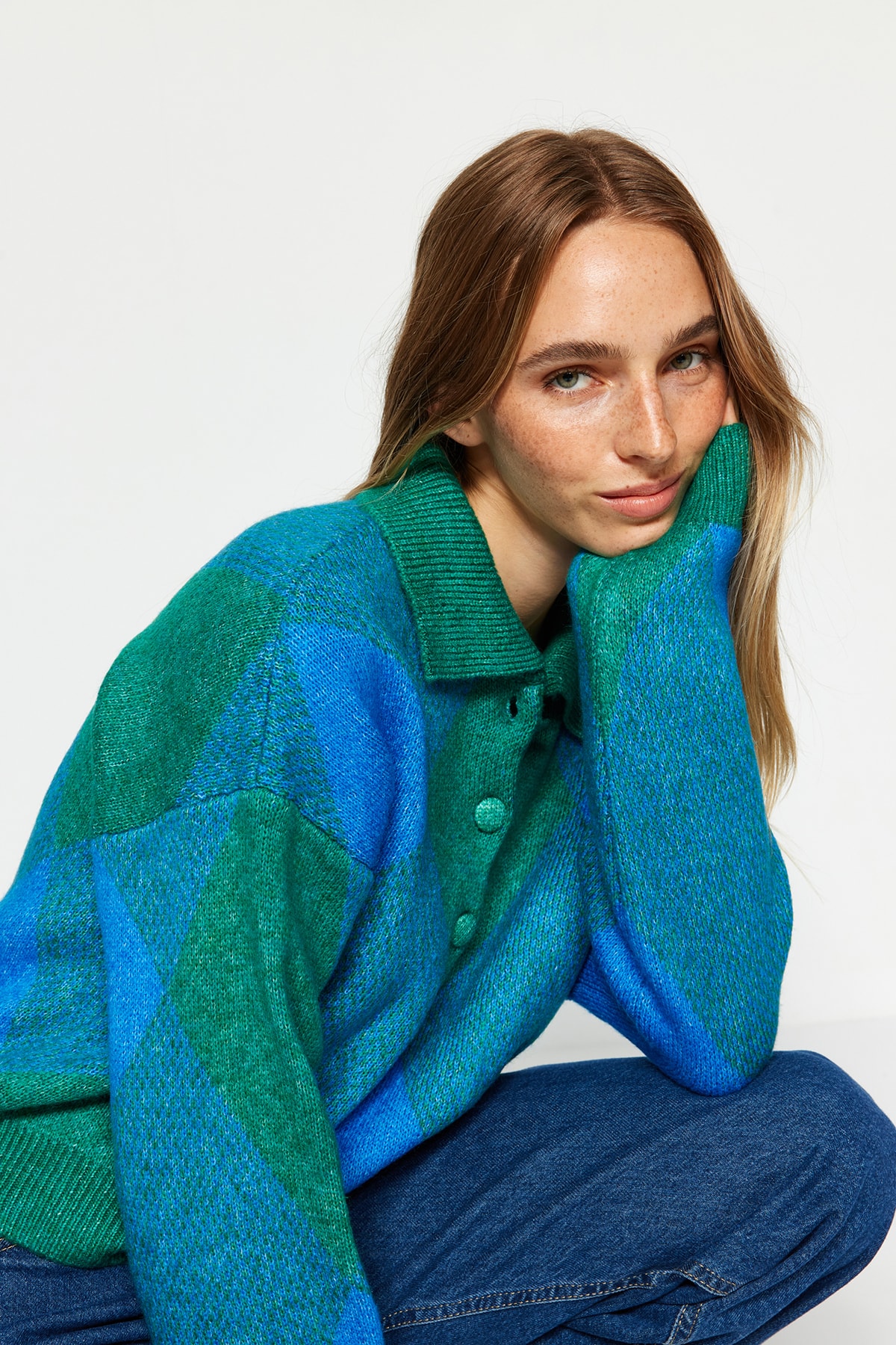 Trendyolmilla  Yeşil Geniş Kalıp Polo Yaka Baklava Desenli Triko Kazak TWOAW24KZ00713 - Görsel 3