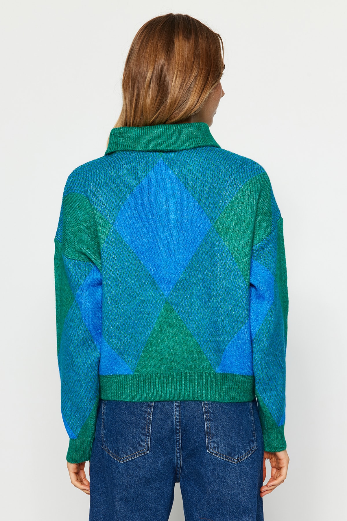 Trendyolmilla  Yeşil Geniş Kalıp Polo Yaka Baklava Desenli Triko Kazak TWOAW24KZ00713 - Görsel 5