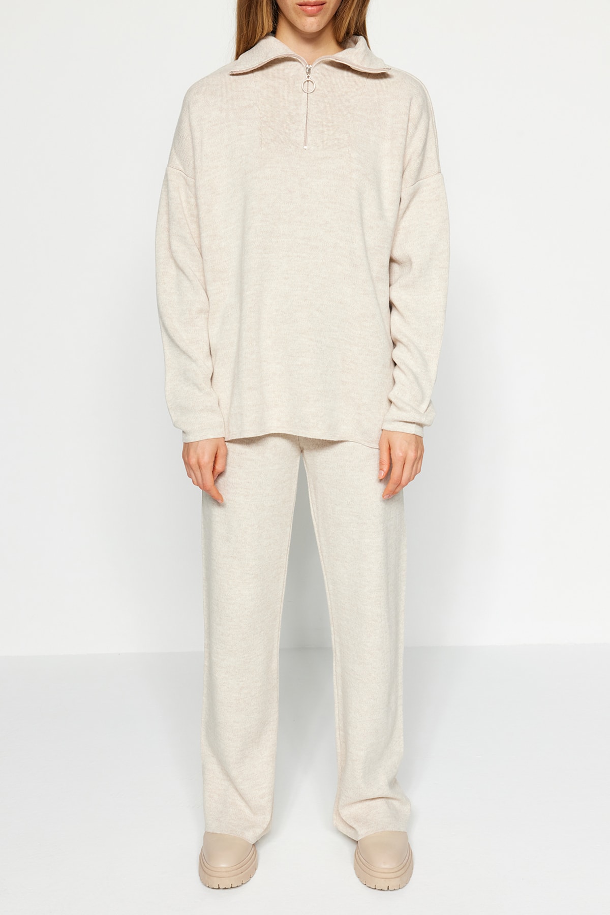Trendyol Collection Stone Wide Fit Zippered Knitwear Bottom-Top Set Twoaw24Au00026