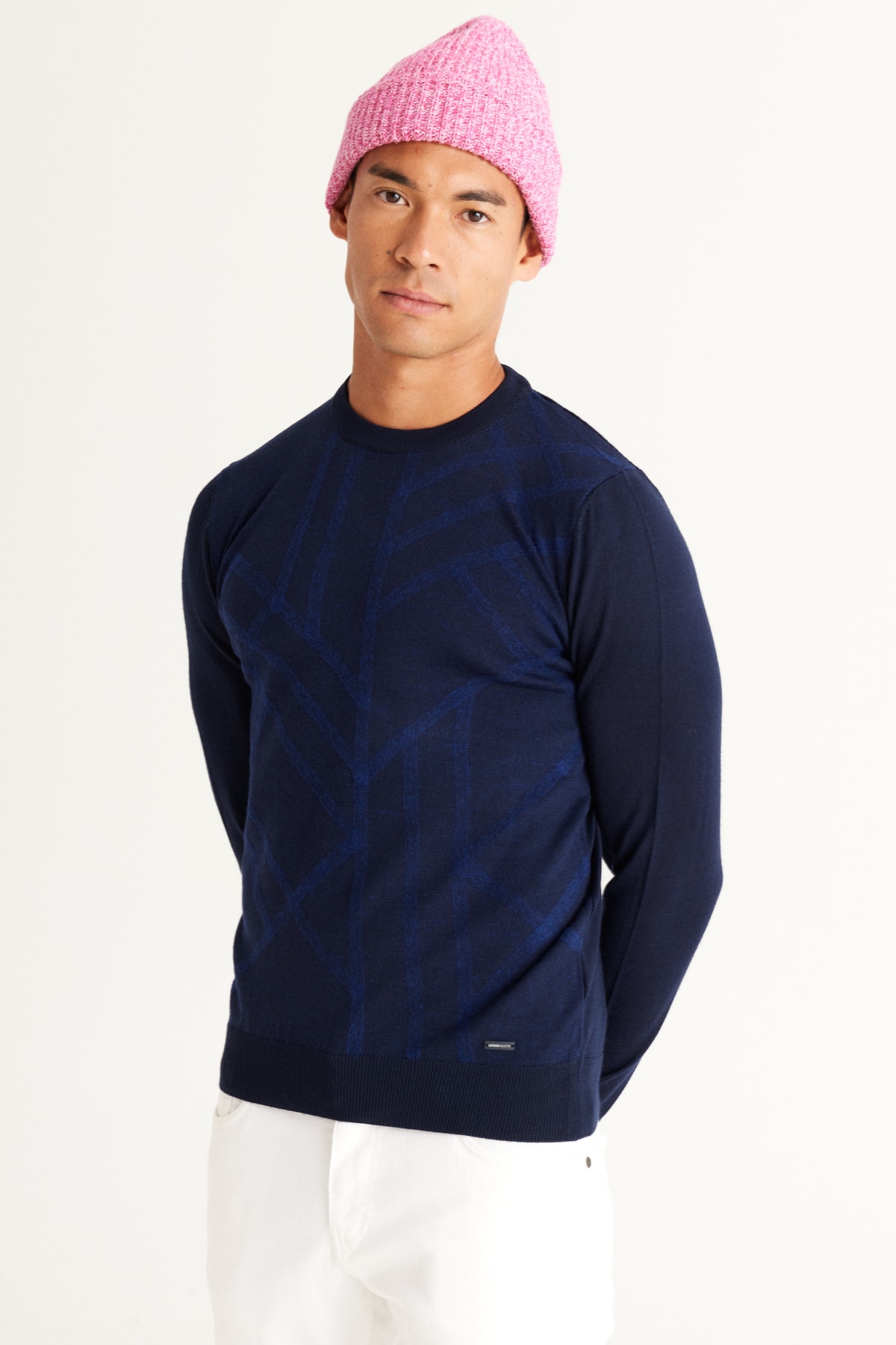 Erkek Lacivert Standart Fit Normal Kesim Bisiklet Yaka Jakarlı Yünlü Triko Kazak