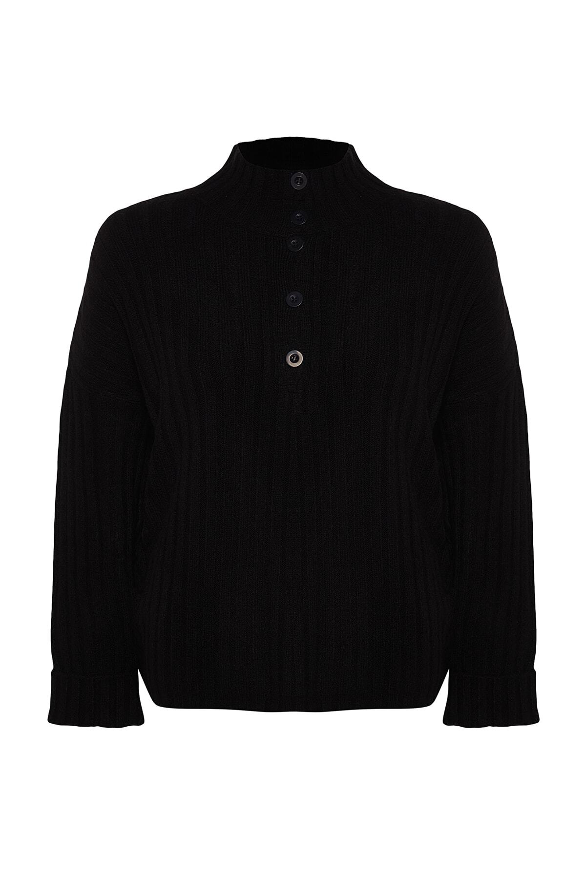 Trendyol Curve-Pulover din tricot cu nervuri - negru, cu nasturi TBBAW24AN00045 6