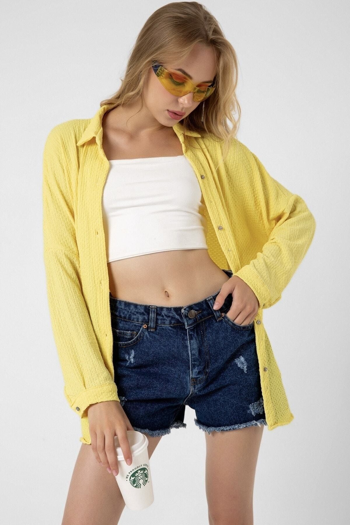 fiyou Crinkle Wrinkled Textured Oversize Shirt Yellow Trendyol